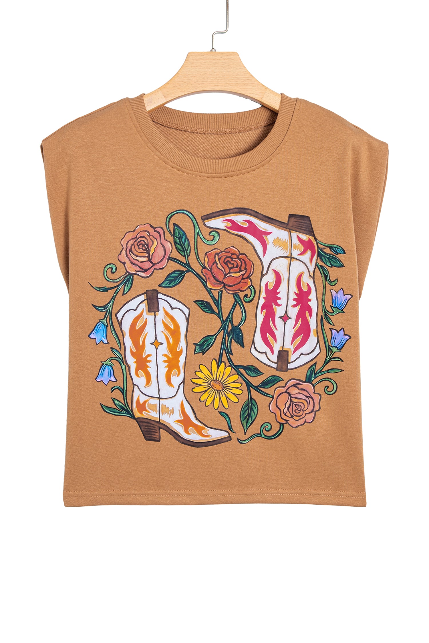 Camel Western Boots Flower Printed Sleeveless Loose Tank Top-Tops/Tank Tops-[Adult]-[Female]-2022 Online Blue Zone Planet
