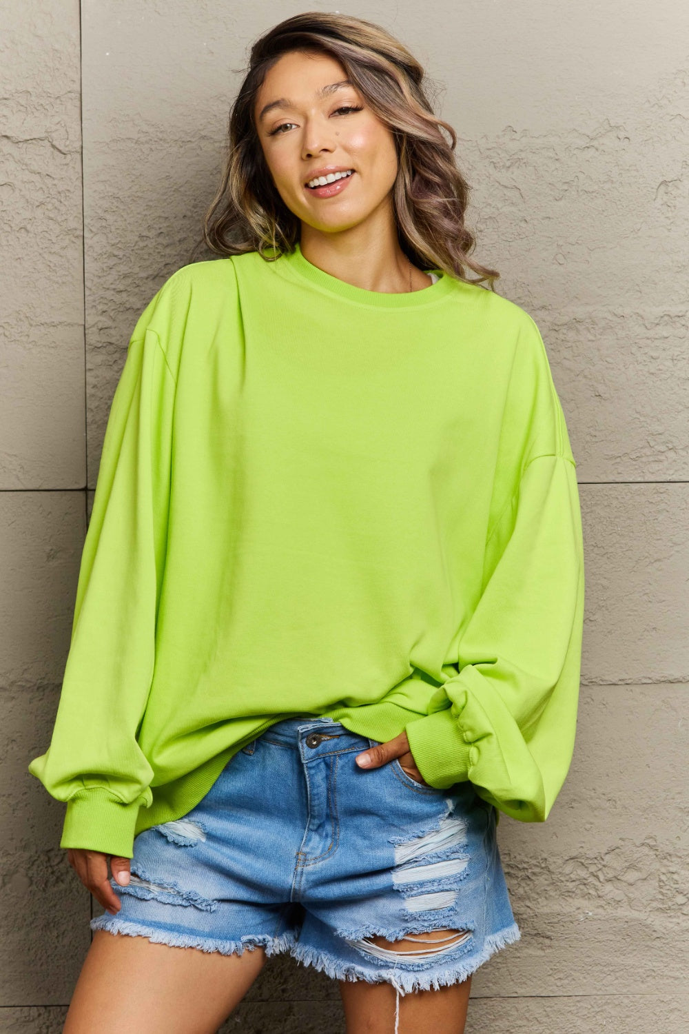 Full Size Round Neck Long Sleeve Sweatshirt-TOPS / DRESSES-[Adult]-[Female]-Lime-S-2022 Online Blue Zone Planet