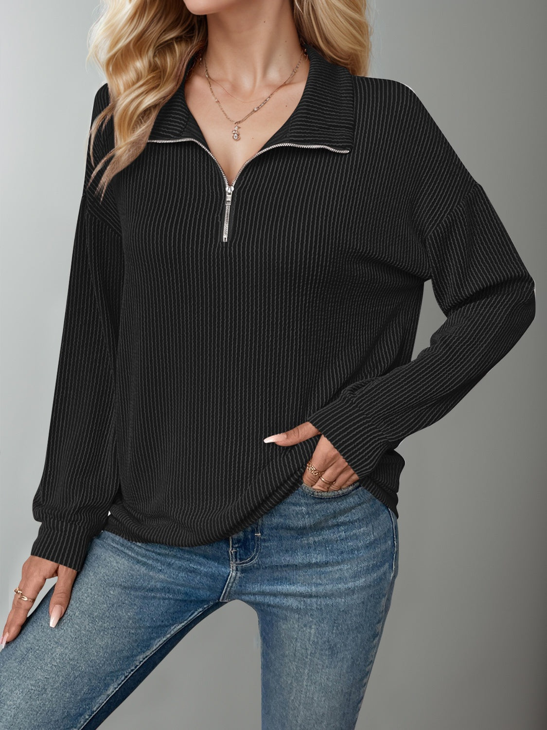 Double Take Striped Half Zip Long Sleeve T-Shirt-TOPS / DRESSES-[Adult]-[Female]-Black-S-2022 Online Blue Zone Planet