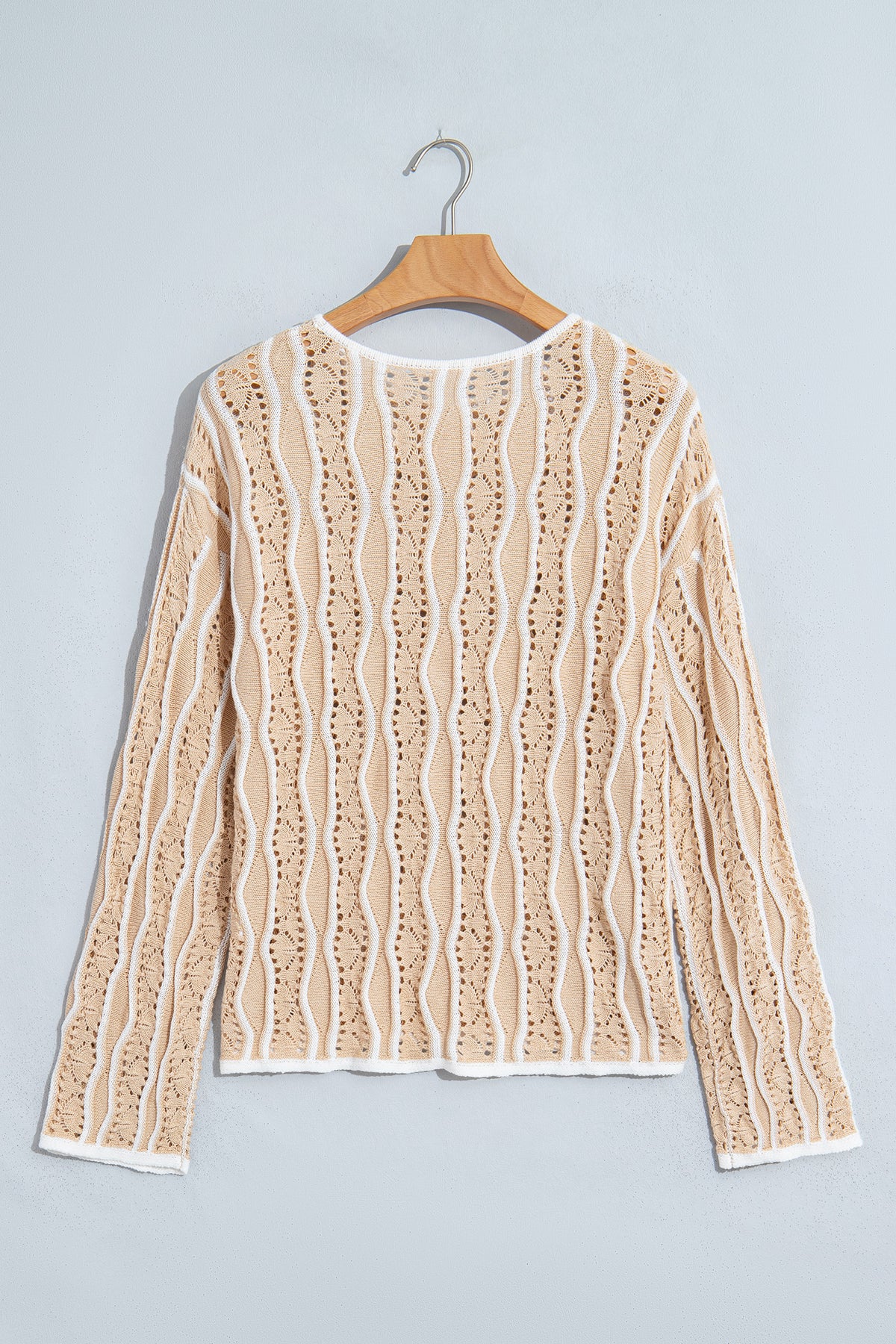 Khaki Wavy Detail Hollow Out Knit Long Sleeve Cotton Pullover Sweater-Sweaters & Cardigans/Sweaters-[Adult]-[Female]-2022 Online Blue Zone Planet