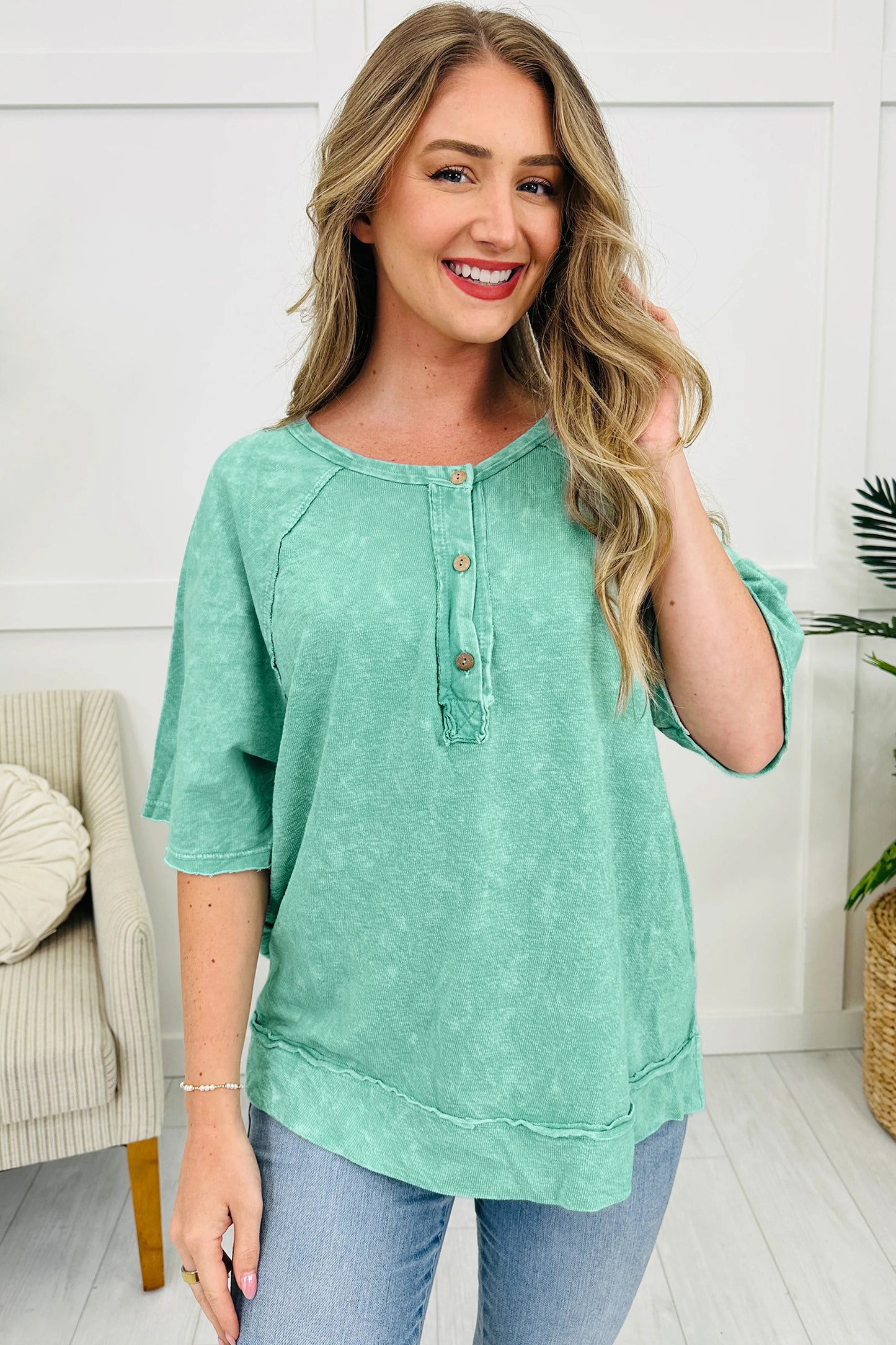 Mint Green Half Buttons Raw Seam Raglan Sleeve Mineral Wash T Shirt-Tops/Tops & Tees-[Adult]-[Female]-2022 Online Blue Zone Planet