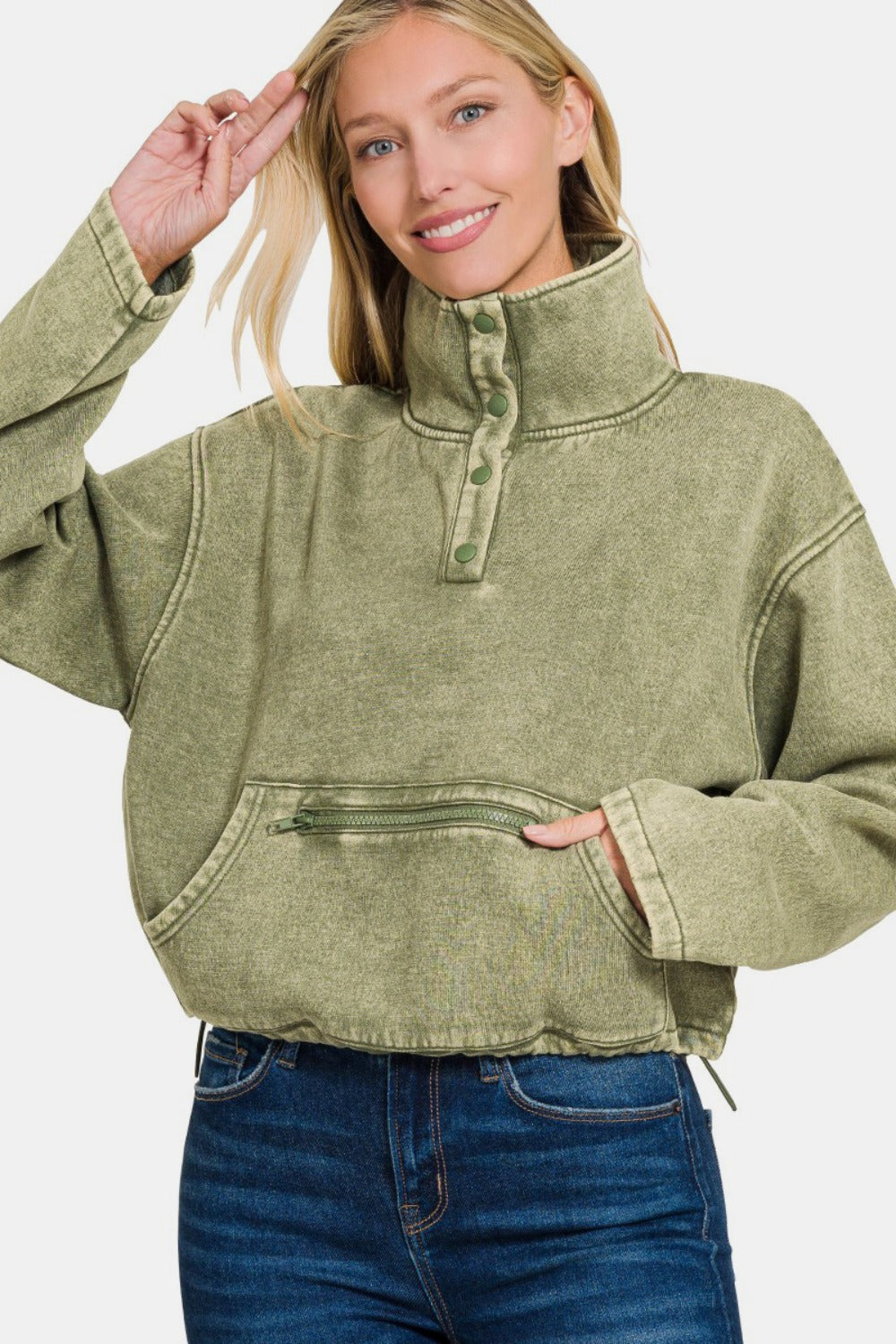 Zenana Acid Wash Fleece Half Snap Sweatshirt with Pocket-TOPS / DRESSES-[Adult]-[Female]-LT Olive-S-2022 Online Blue Zone Planet