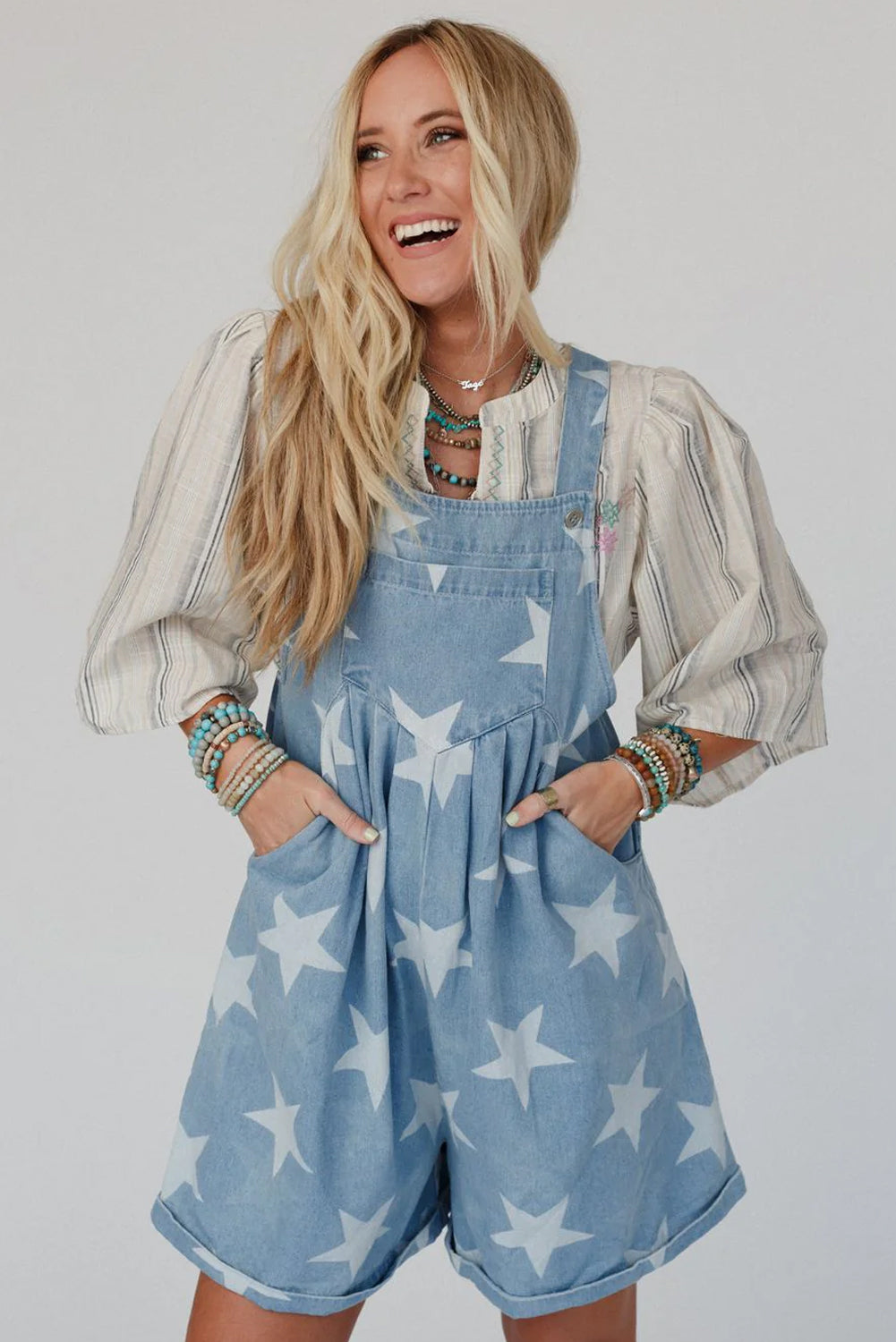 Blue Zone Planet | Light Blue Star Printed Buttoned Straps Pocketed Denim Romper-Bottoms/Jumpsuits & Rompers-[Adult]-[Female]-2022 Online Blue Zone Planet