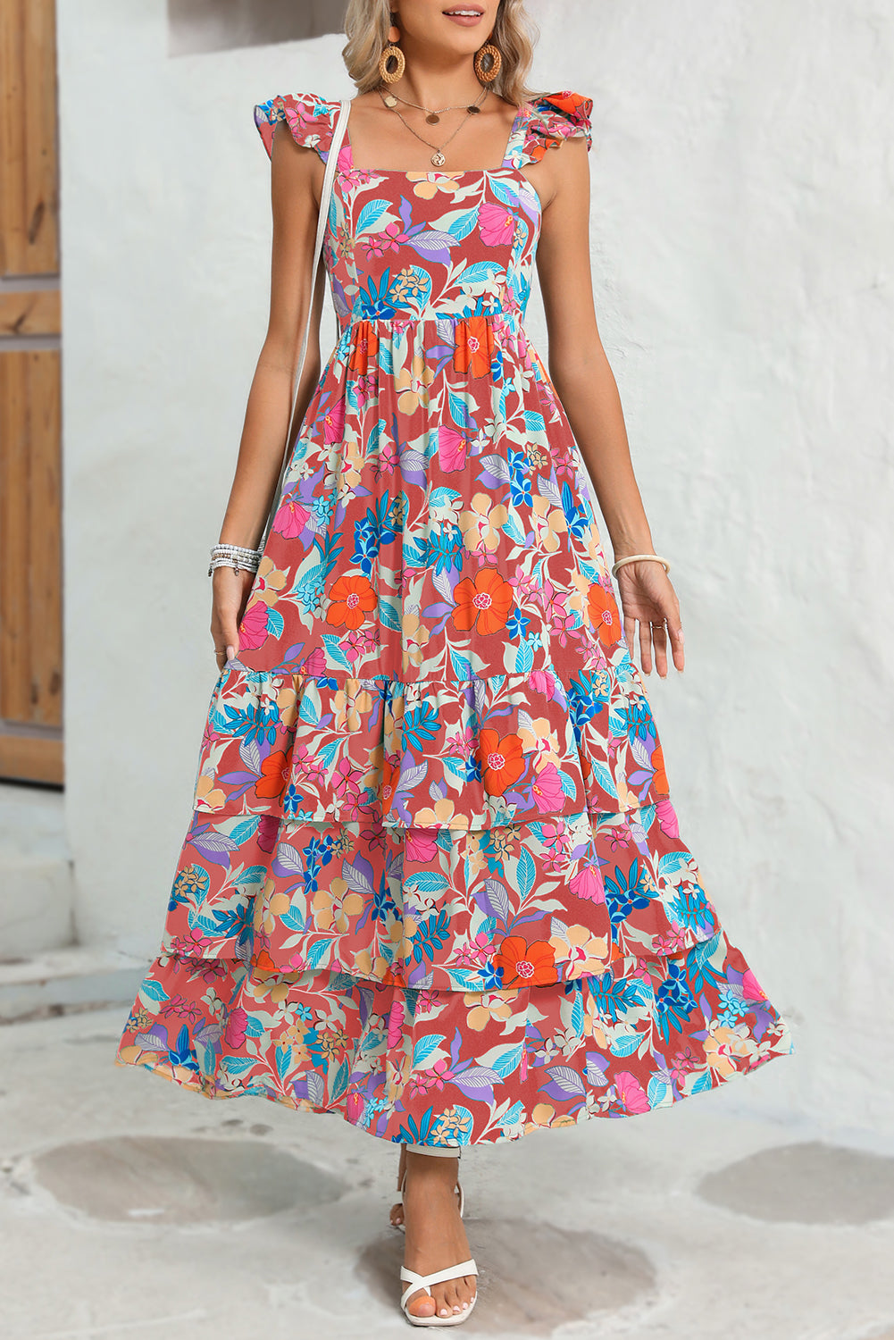 Pink Floral Print Sleeveless Ruffle Tiered Maxi Dress-Maxi Dresses-[Adult]-[Female]-Pink-S-2022 Online Blue Zone Planet