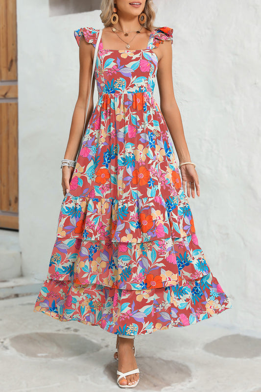 Pink Floral Print Sleeveless Ruffle Tiered Maxi Dress-Maxi Dresses-[Adult]-[Female]-Pink-S-2022 Online Blue Zone Planet