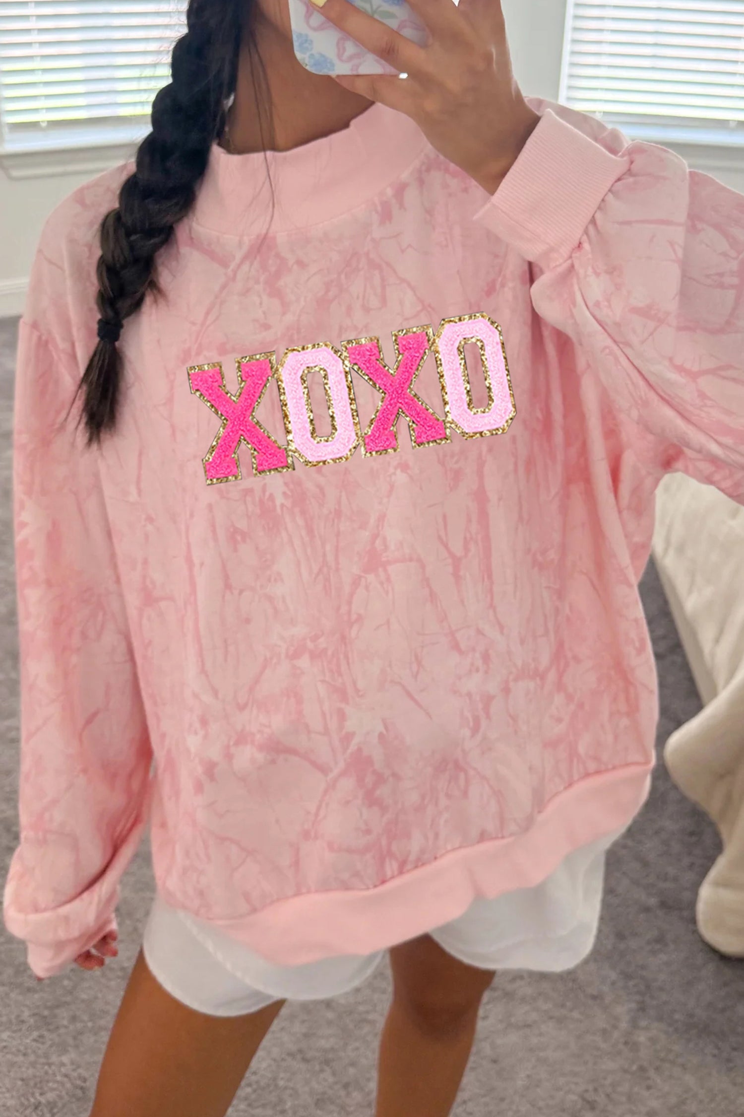 Pink XOXO Glitter Trim Chenille Patched Graphic Mock Neck Tie Dye Sweatshirt-Graphic Sweatshirts-[Adult]-[Female]-2022 Online Blue Zone Planet