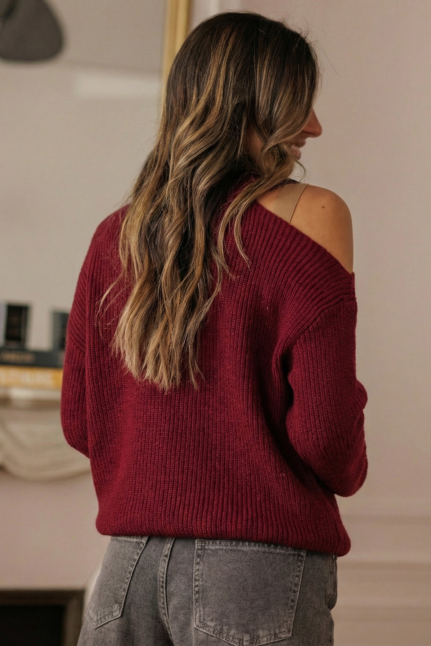 Burgundy Lace Bowknot Asymmetric Neck Sweater-TOPS / DRESSES-[Adult]-[Female]-2022 Online Blue Zone Planet