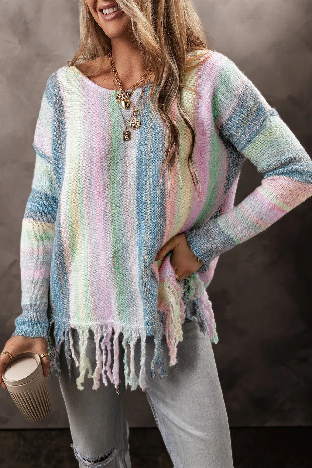 Fringe Color Block Round Neck Sweater-TOPS / DRESSES-[Adult]-[Female]-2022 Online Blue Zone Planet