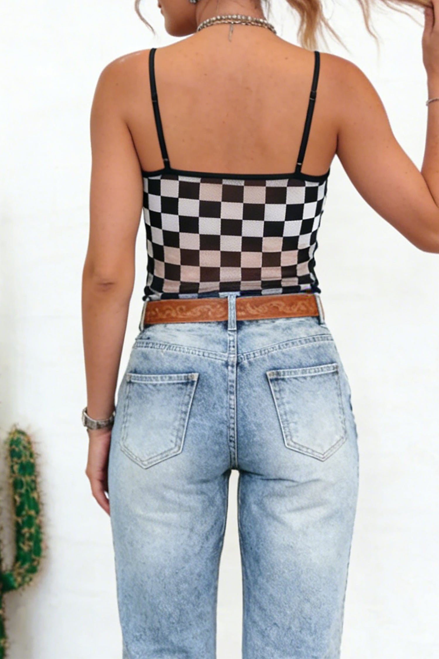 Black Sheer Checkered Print Spaghetti Straps Slim Tank Top-Tops/Tank Tops-[Adult]-[Female]-2022 Online Blue Zone Planet