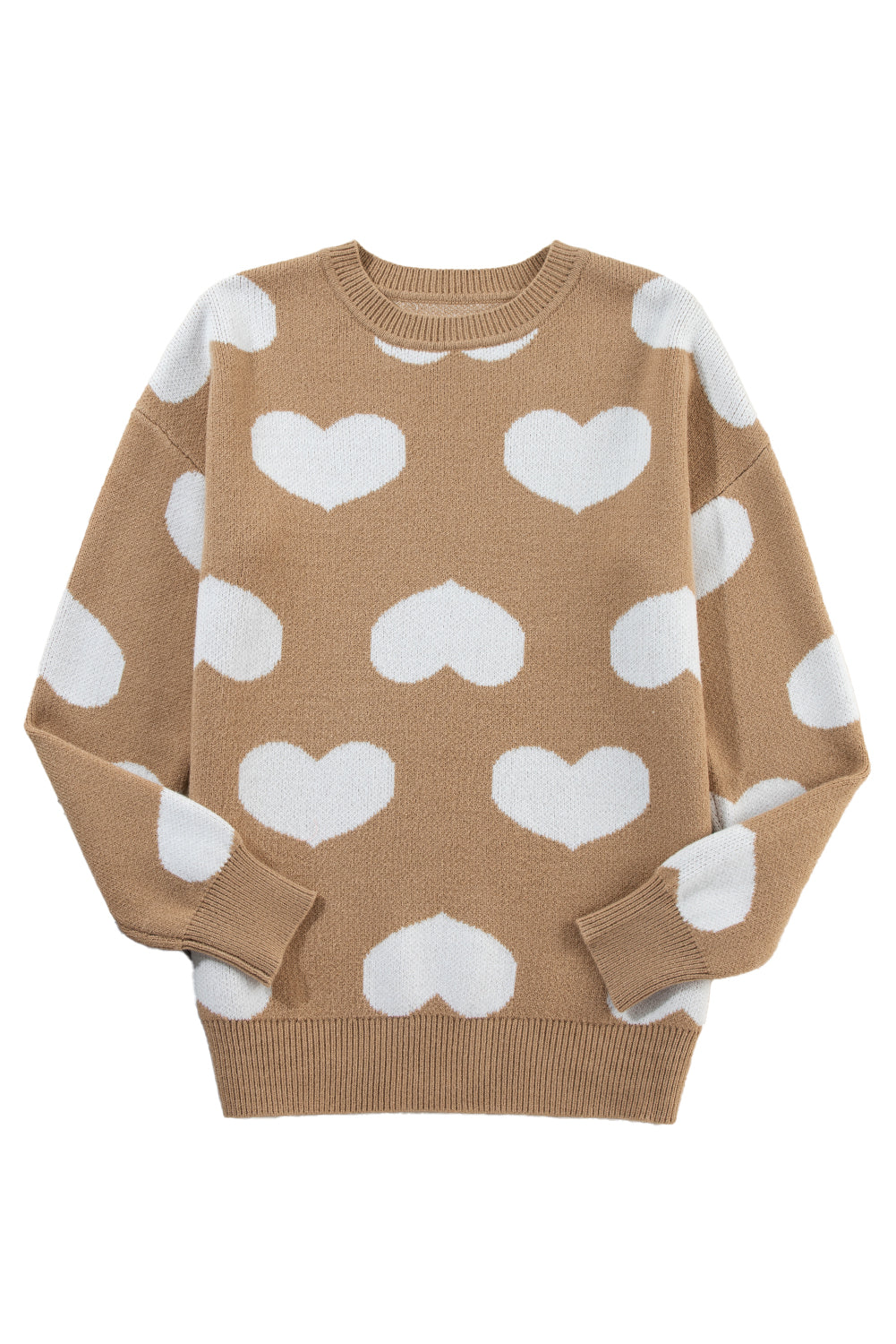 Blue Zone Planet | Khaki Heart Pattern Round Neck Sweater-Sweaters-[Adult]-[Female]-2022 Online Blue Zone Planet