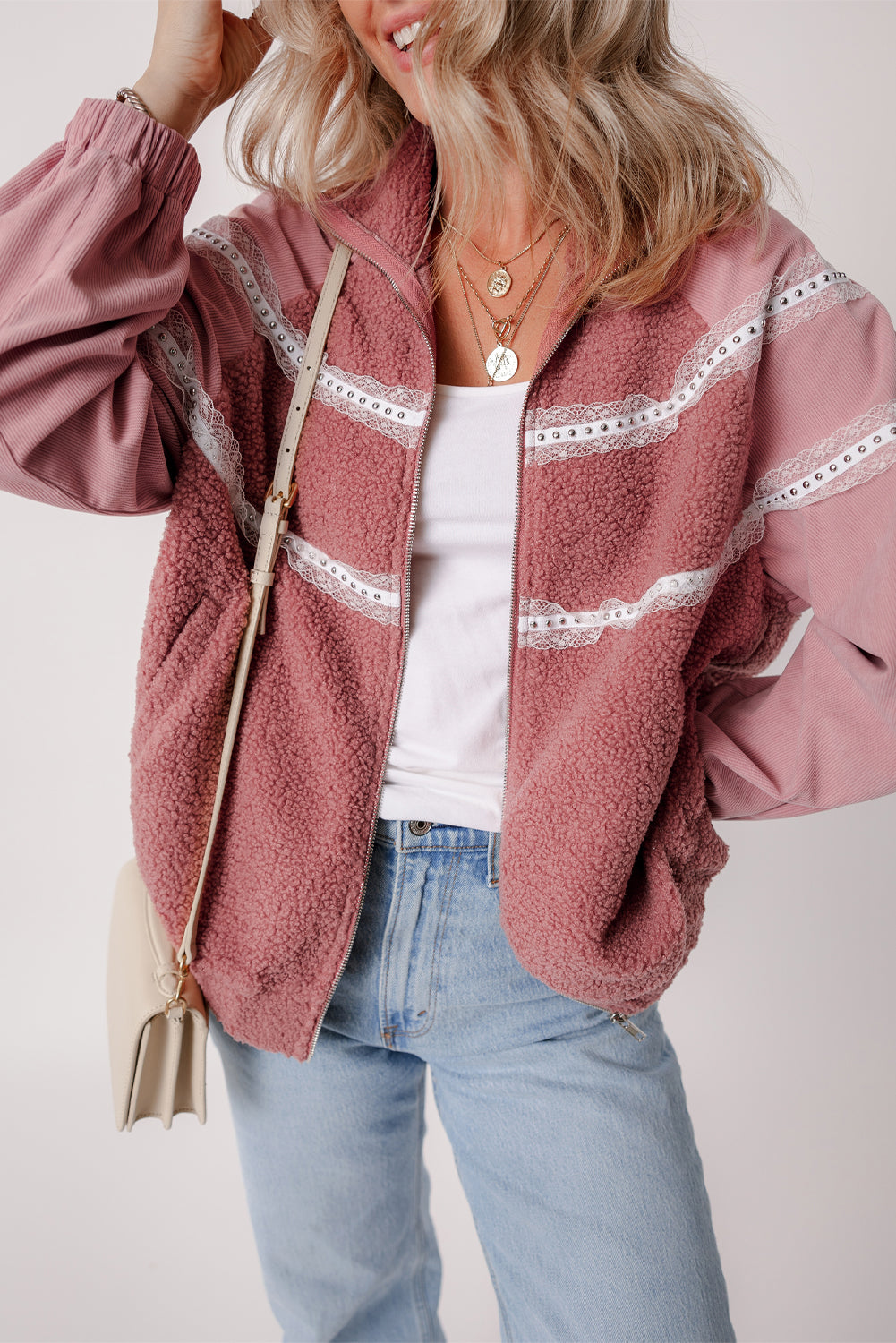 Rose Pink Sherpa Patchwork Lace Elastic Cuff Zip Up Jacket-Outerwear/Jackets-[Adult]-[Female]-Rose Pink-S-2022 Online Blue Zone Planet