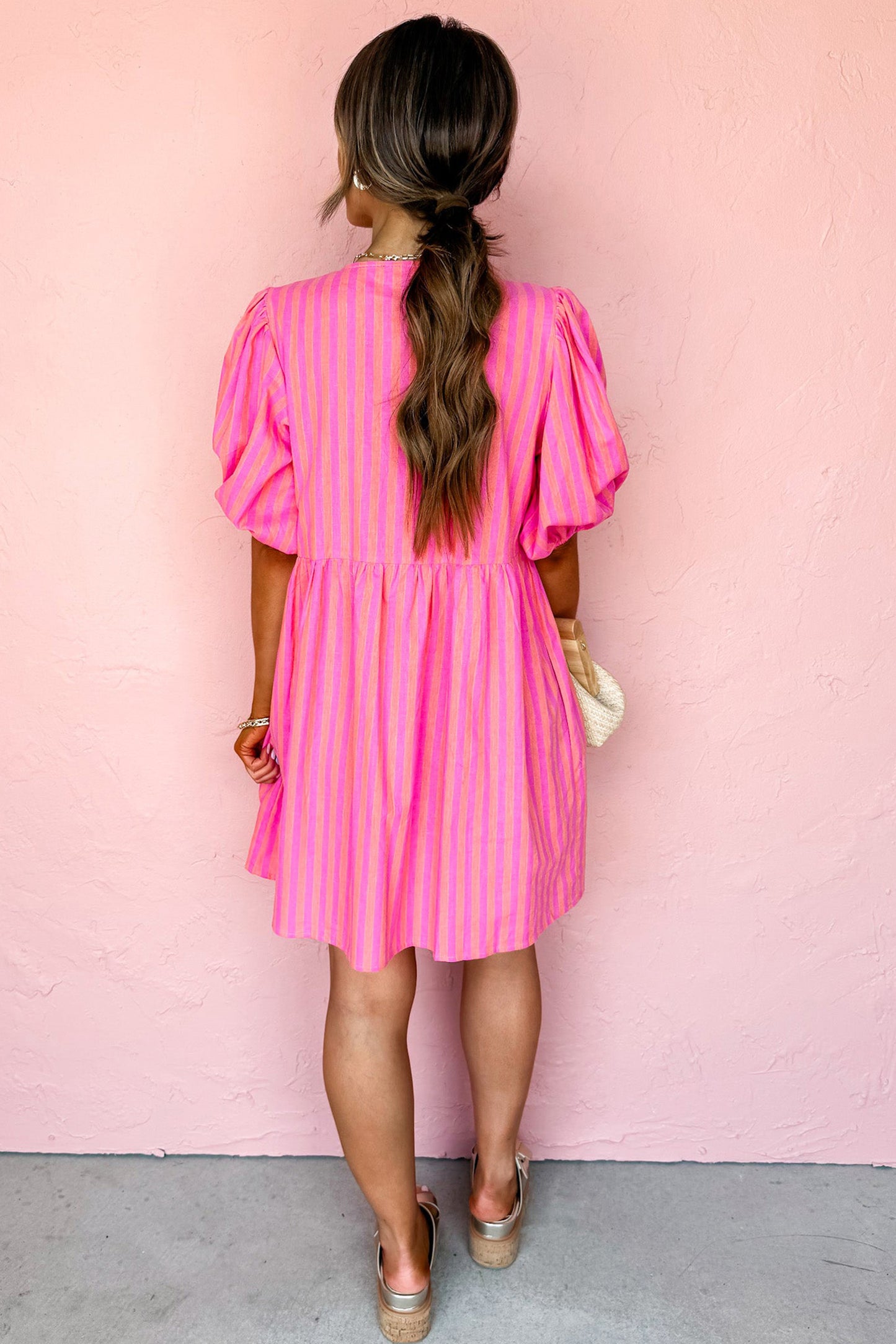Rose Striped Print Bow Detail Short Puff Sleeve Mini Dress-TOPS / DRESSES-[Adult]-[Female]-2022 Online Blue Zone Planet