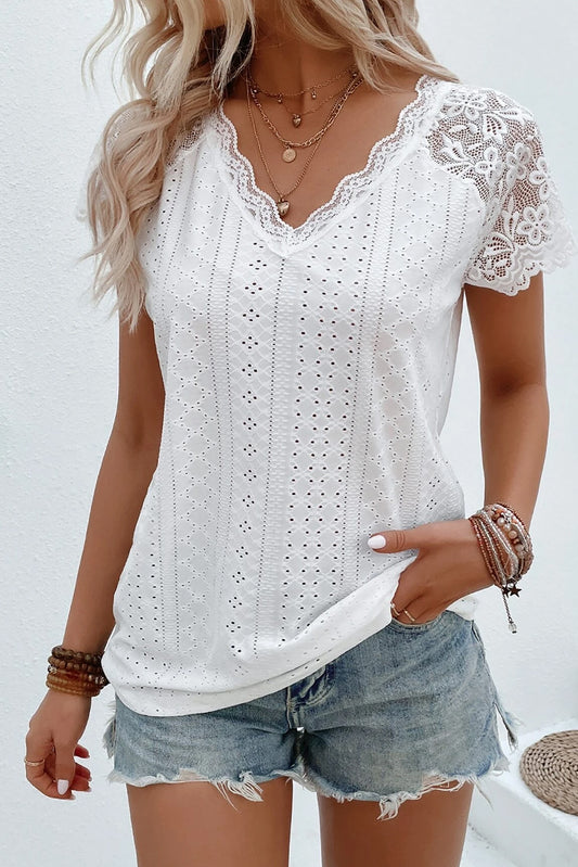 Eyelet Lace Detail V-Neck T-Shirt-TOPS / DRESSES-[Adult]-[Female]-White-S-2022 Online Blue Zone Planet