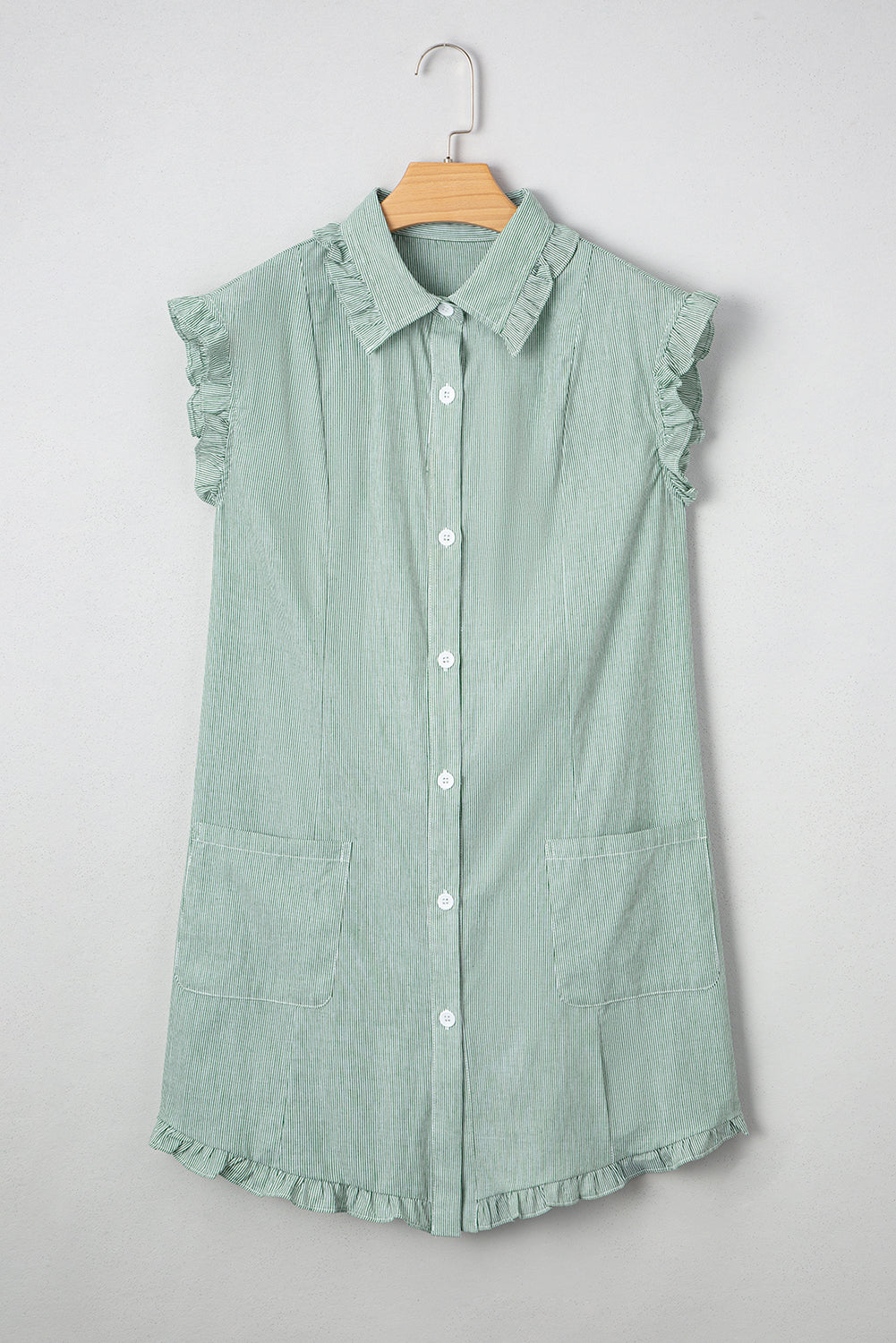 Green Stripe Frilled Sleeveless Collar Front Pocket Button Up Mini Dress-TOPS / DRESSES-[Adult]-[Female]-2022 Online Blue Zone Planet