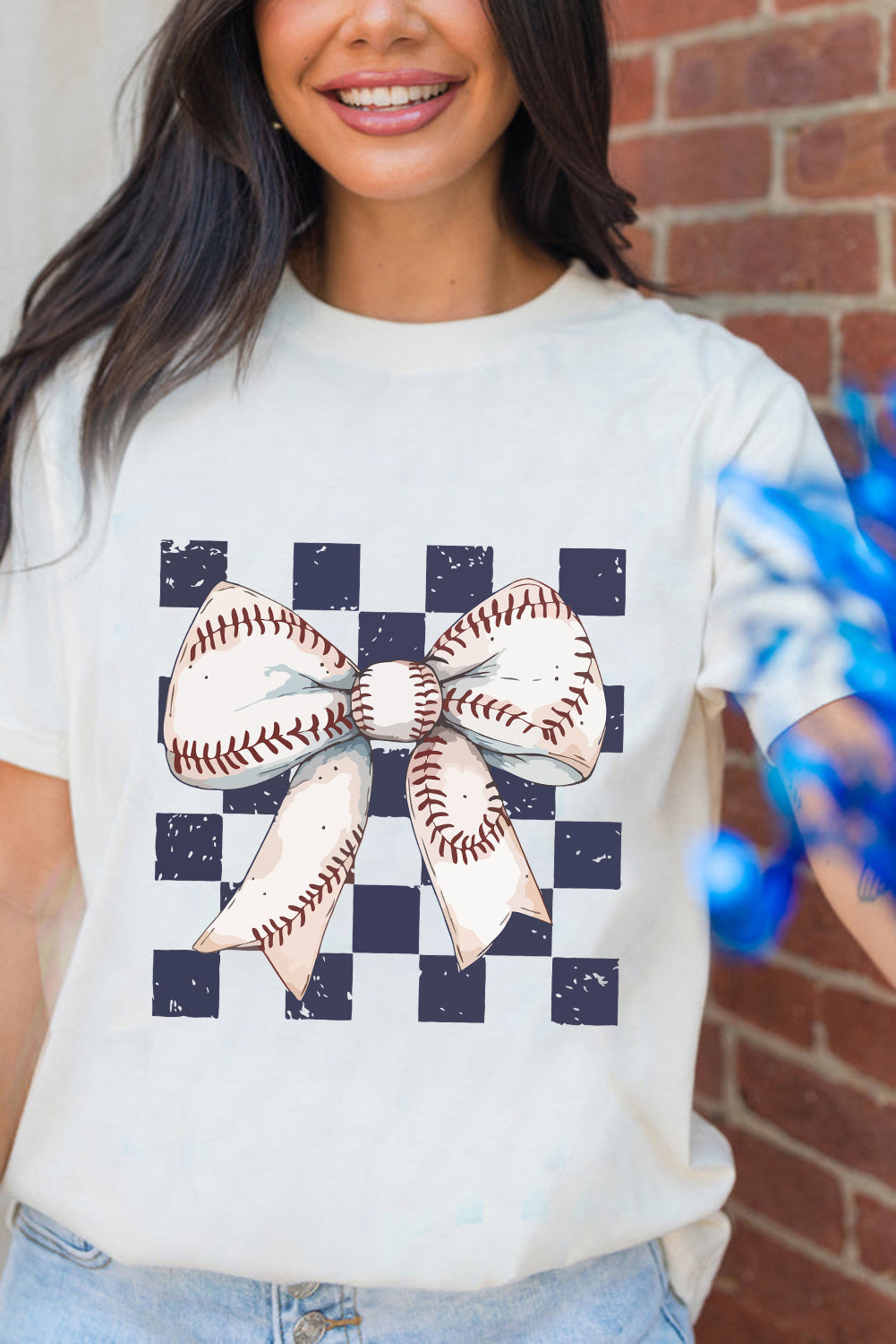 White Checkered Rugby Bowknot Graphic Crew T Shirt-Graphic/Graphic Tees-[Adult]-[Female]-2022 Online Blue Zone Planet