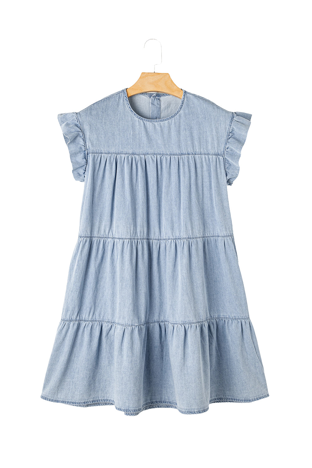 Blue Zone Planet | Beau Blue Ruffle Short Sleeve Tiered A-line Denim Dress-TOPS / DRESSES-[Adult]-[Female]-2022 Online Blue Zone Planet