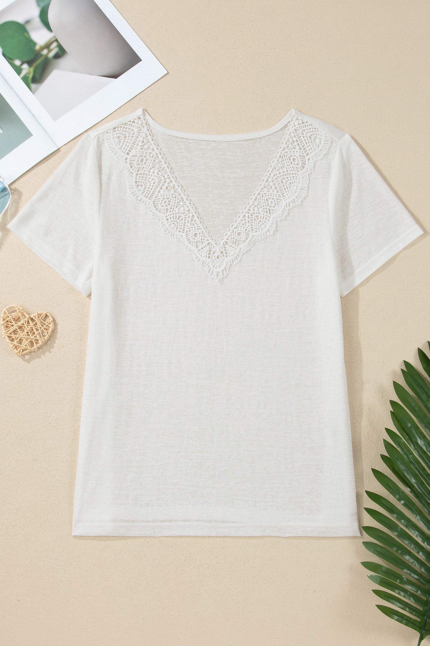 White Hollowed Lace Splicing V Neck T Shirt-Tops/Tops & Tees-[Adult]-[Female]-2022 Online Blue Zone Planet
