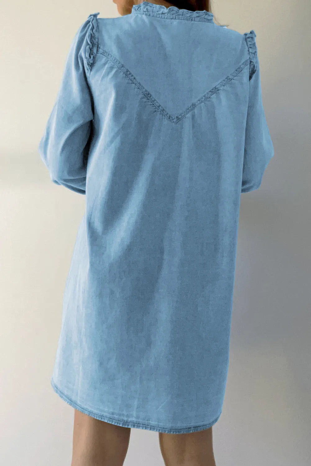 Button Up Notched Long Sleeve Denim Dress-TOPS / DRESSES-[Adult]-[Female]-2022 Online Blue Zone Planet