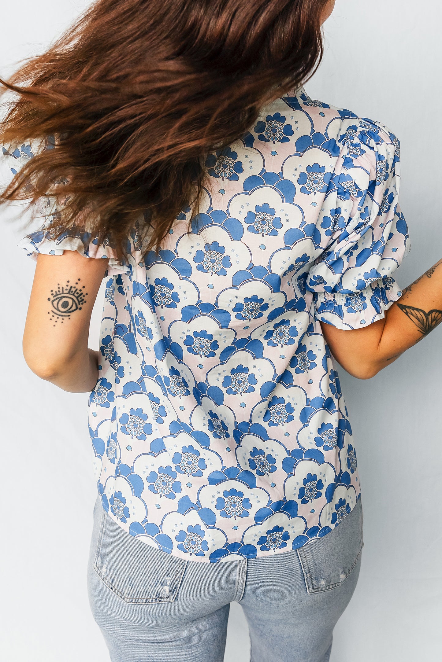 Sky Blue Floral Print Flounced Short Sleeve Contrast Trim V Neck Blouse-Tops/Blouses & Shirts-[Adult]-[Female]-2022 Online Blue Zone Planet