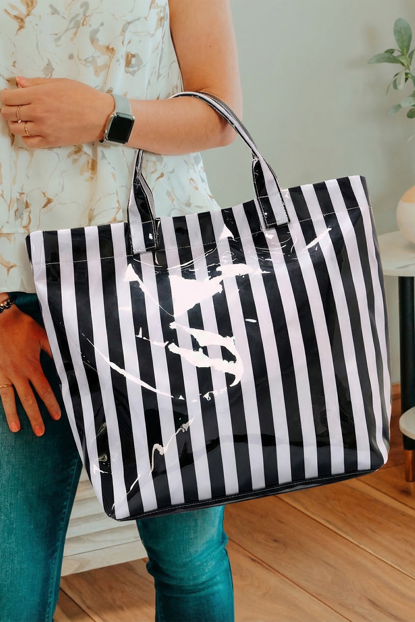 Blackish Green Glossy Striped Vinyl Large Tote Bag-Shoes & Bags/Handbags-[Adult]-[Female]-Color black-ONE SIZE-2022 Online Blue Zone Planet