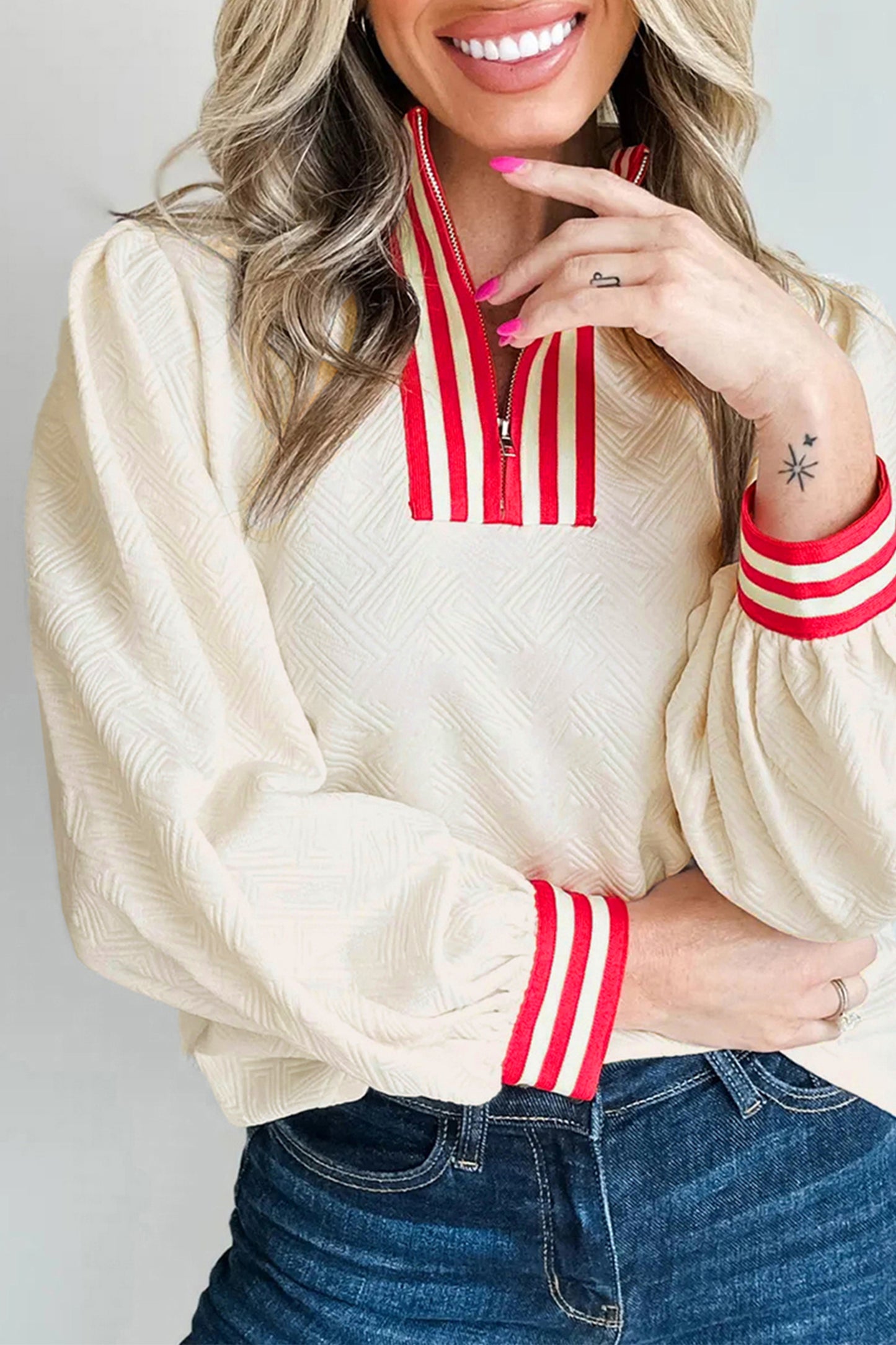 White Textured Knit Contrast Striped Accent Zipped Collar Pullover Top-Tops/Long Sleeve Tops-[Adult]-[Female]-White-S-2022 Online Blue Zone Planet