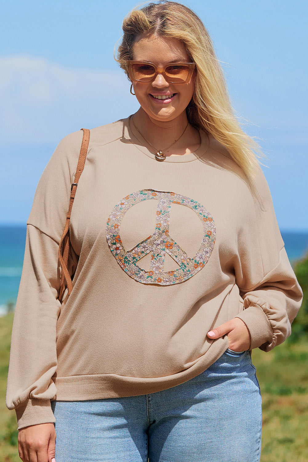 Blue Zone Planet | Pale Khaki Floral Peace Sign Graphic Washed Terry Plus Size Sweatshirt-TOPS / DRESSES-[Adult]-[Female]-2022 Online Blue Zone Planet