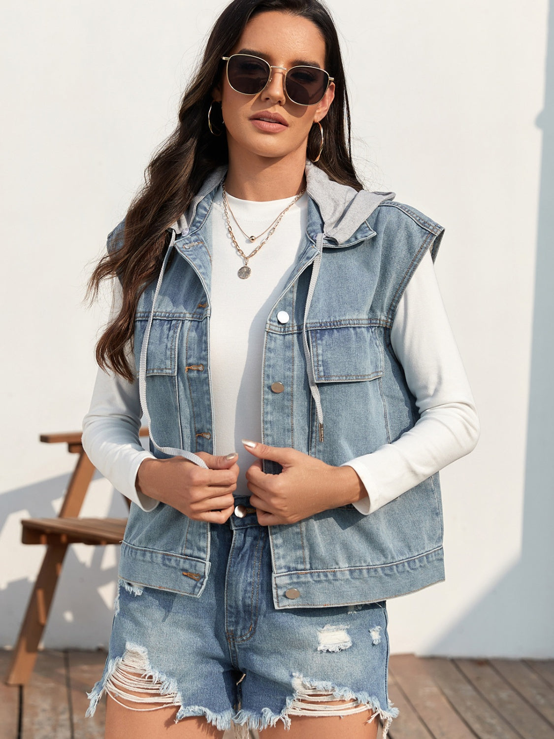 Drawstring Button Up Sleeveless Denim Jacket-TOPS / DRESSES-[Adult]-[Female]-Light Blue-S-2022 Online Blue Zone Planet