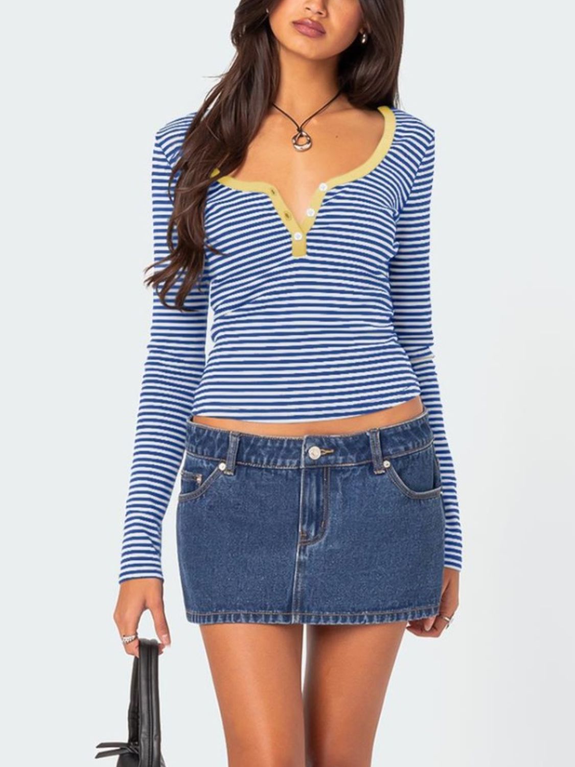 Buttoned Striped Long Sleeve T-Shirt-TOPS / DRESSES-[Adult]-[Female]-2022 Online Blue Zone Planet