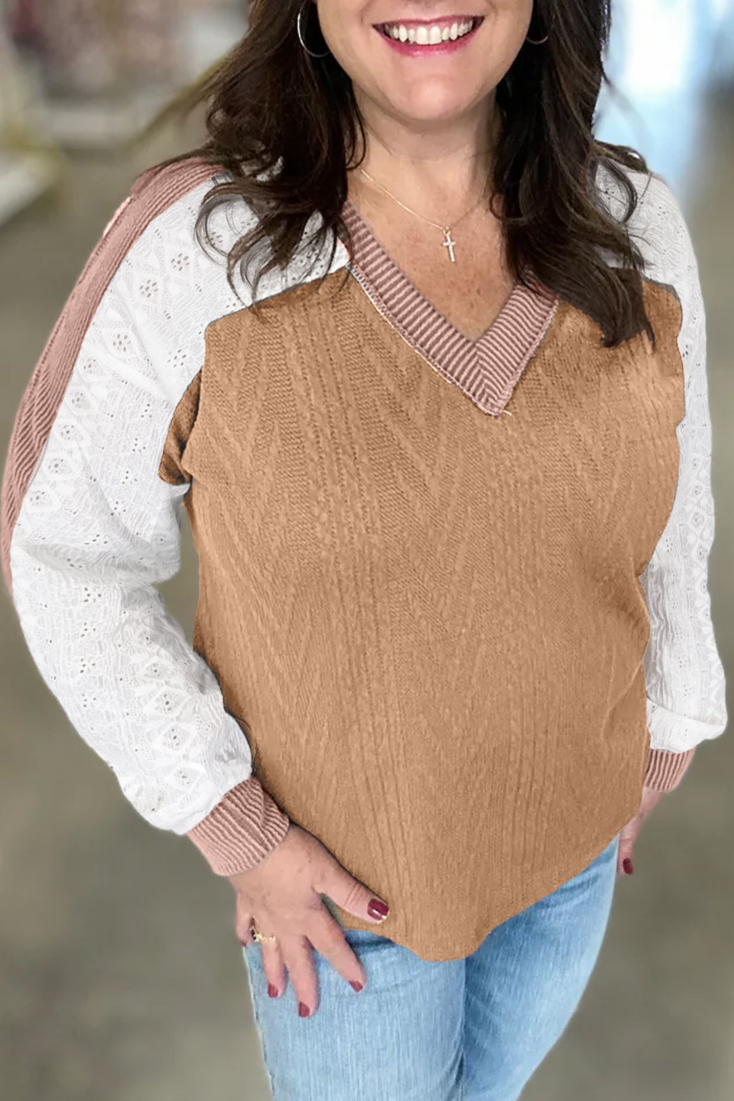 Coffee V Neck Lace Sleeve Patchwork Plus Size Blouse-Plus Size/Plus Size Tops/Plus Size Long Sleeve Tops-[Adult]-[Female]-2022 Online Blue Zone Planet