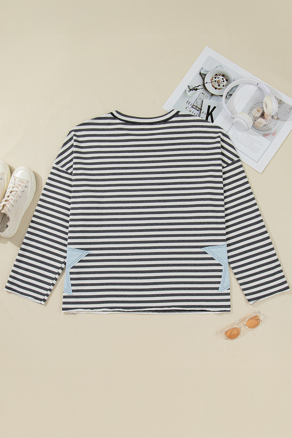 Gray Stripe Contrast Star Stitched Plus Size Long Sleeve Top-Plus Size/Plus Size Tops/Plus Size Long Sleeve Tops-[Adult]-[Female]-2022 Online Blue Zone Planet