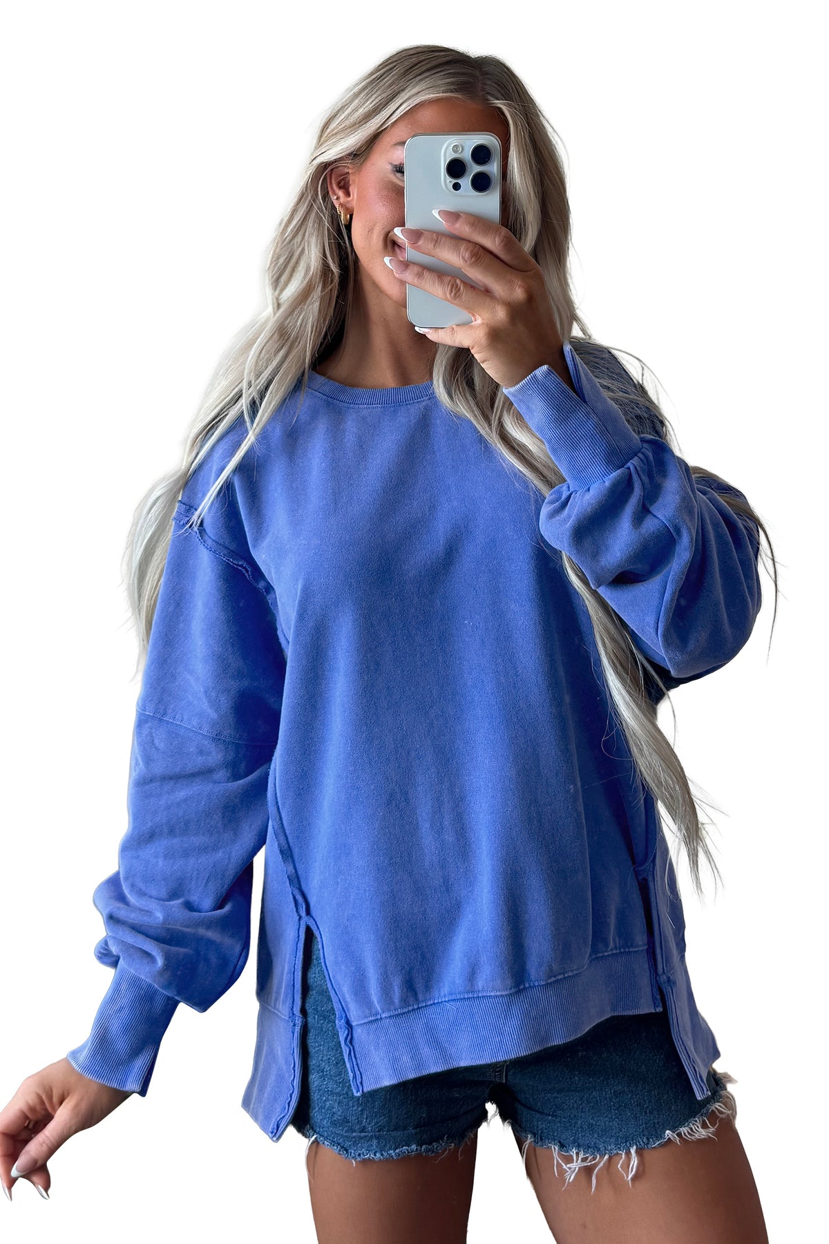 Sky Blue Mineral Wash Split Hem Loose Tunic Sweatshirt-Tops/Sweatshirts & Hoodies-[Adult]-[Female]-2022 Online Blue Zone Planet