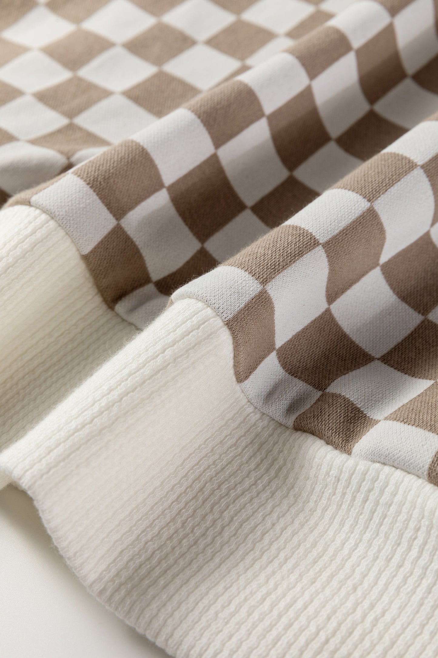 Khaki Checkered Print Quarter Zip Ribbed Patchwork Loose Sweatshirt-Tops/Sweatshirts & Hoodies-[Adult]-[Female]-2022 Online Blue Zone Planet