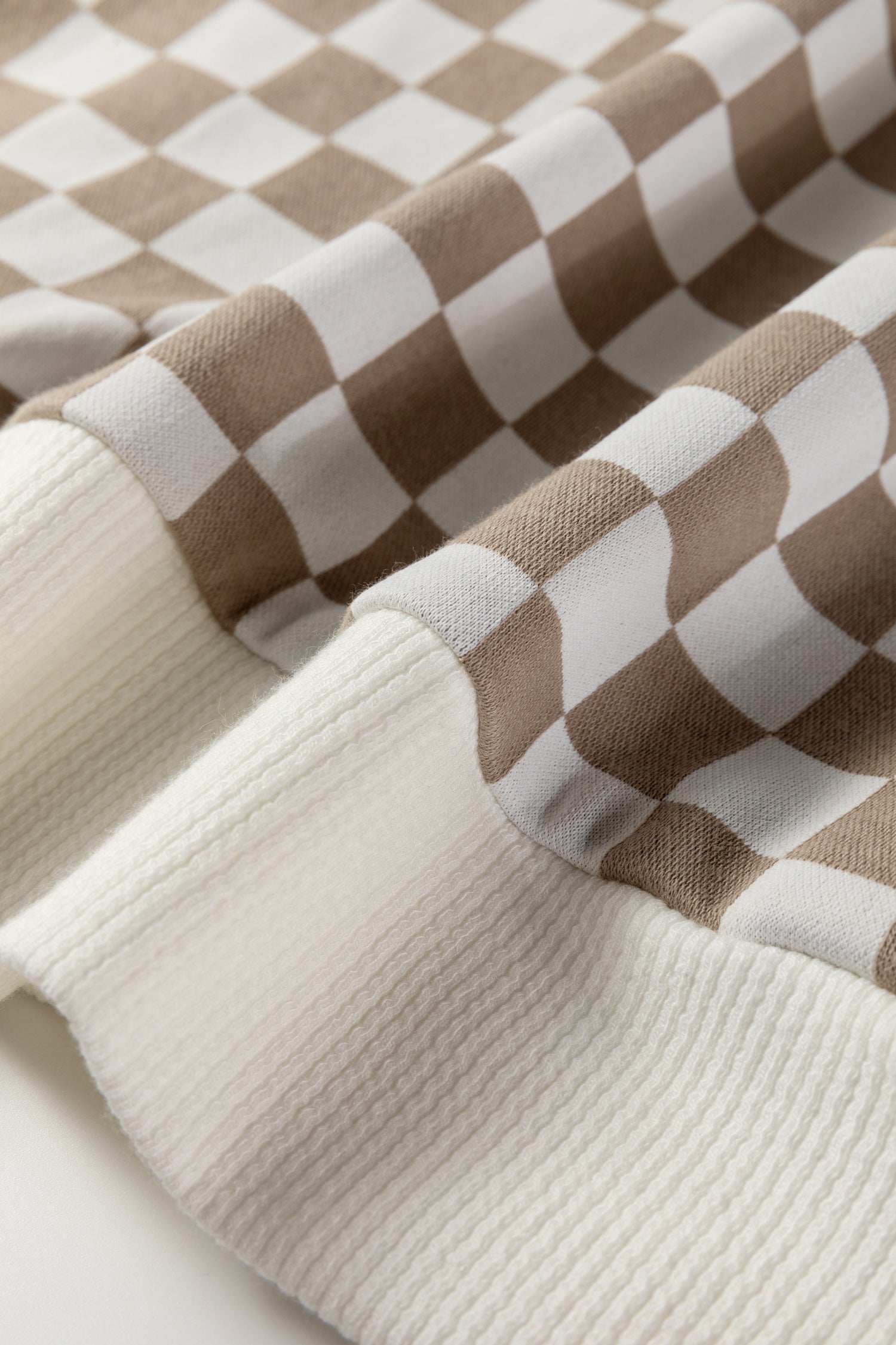 Khaki Checkered Print Quarter Zip Ribbed Patchwork Loose Sweatshirt-Tops/Sweatshirts & Hoodies-[Adult]-[Female]-2022 Online Blue Zone Planet