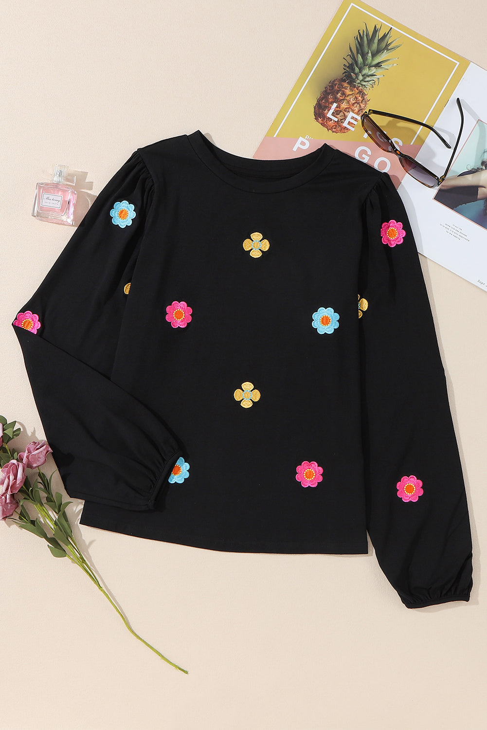 Flower Round Neck Long Sleeve Sweater-TOPS / DRESSES-[Adult]-[Female]-2022 Online Blue Zone Planet