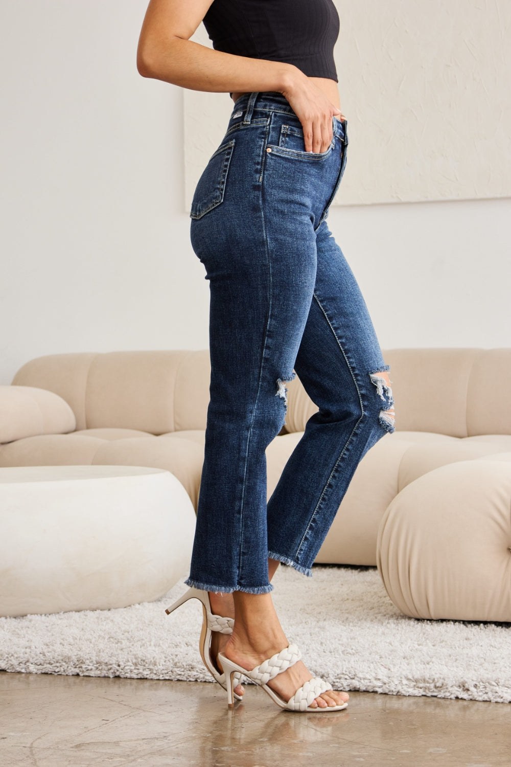 RFM Crop Dylan Full Size Tummy Control Distressed High Waist Raw Hem Jeans-BOTTOM SIZES SMALL MEDIUM LARGE-[Adult]-[Female]-2022 Online Blue Zone Planet