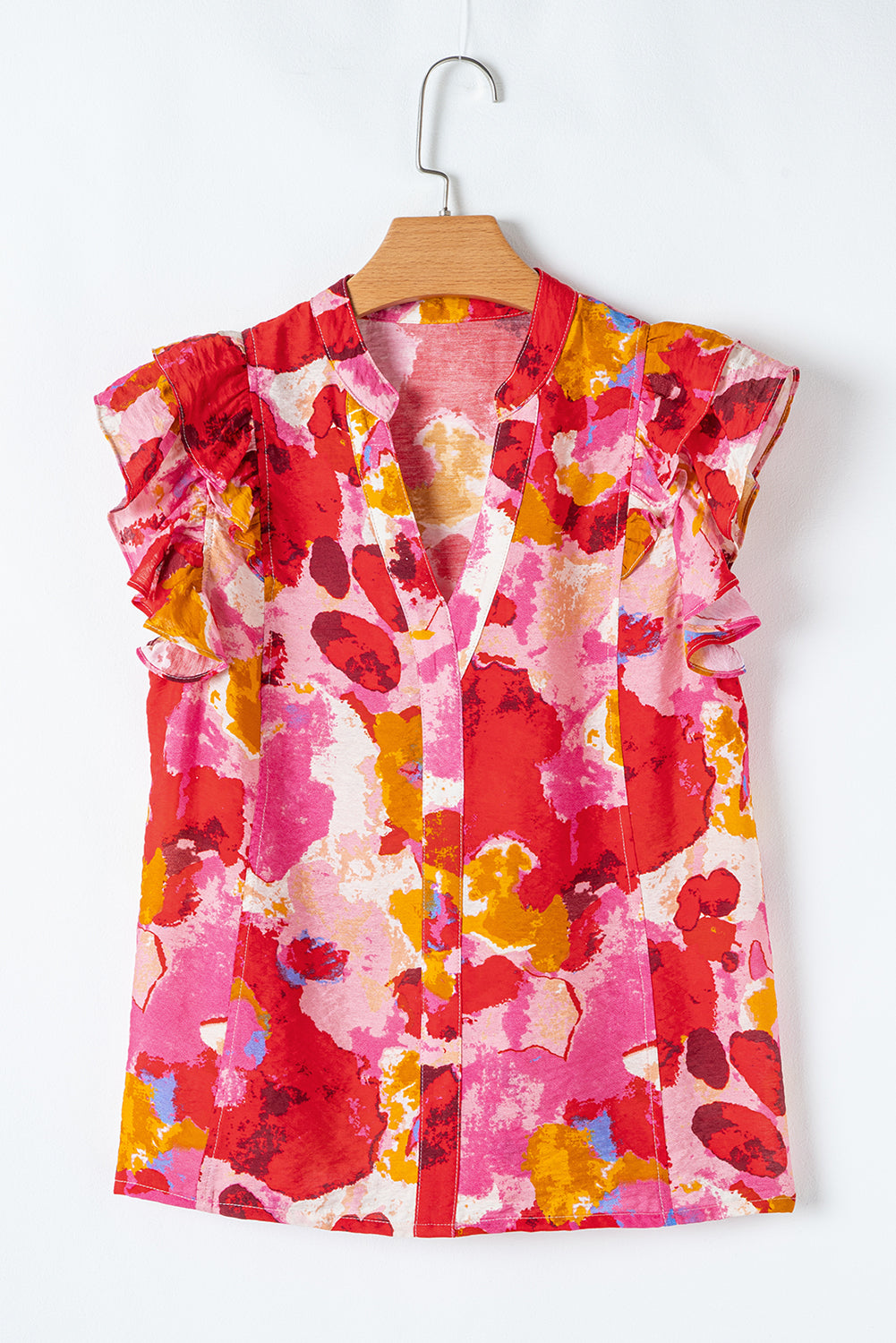Red Abstract Print Split V Neck Ruffle Short Sleeve Blouse-Tops/Blouses & Shirts-[Adult]-[Female]-2022 Online Blue Zone Planet