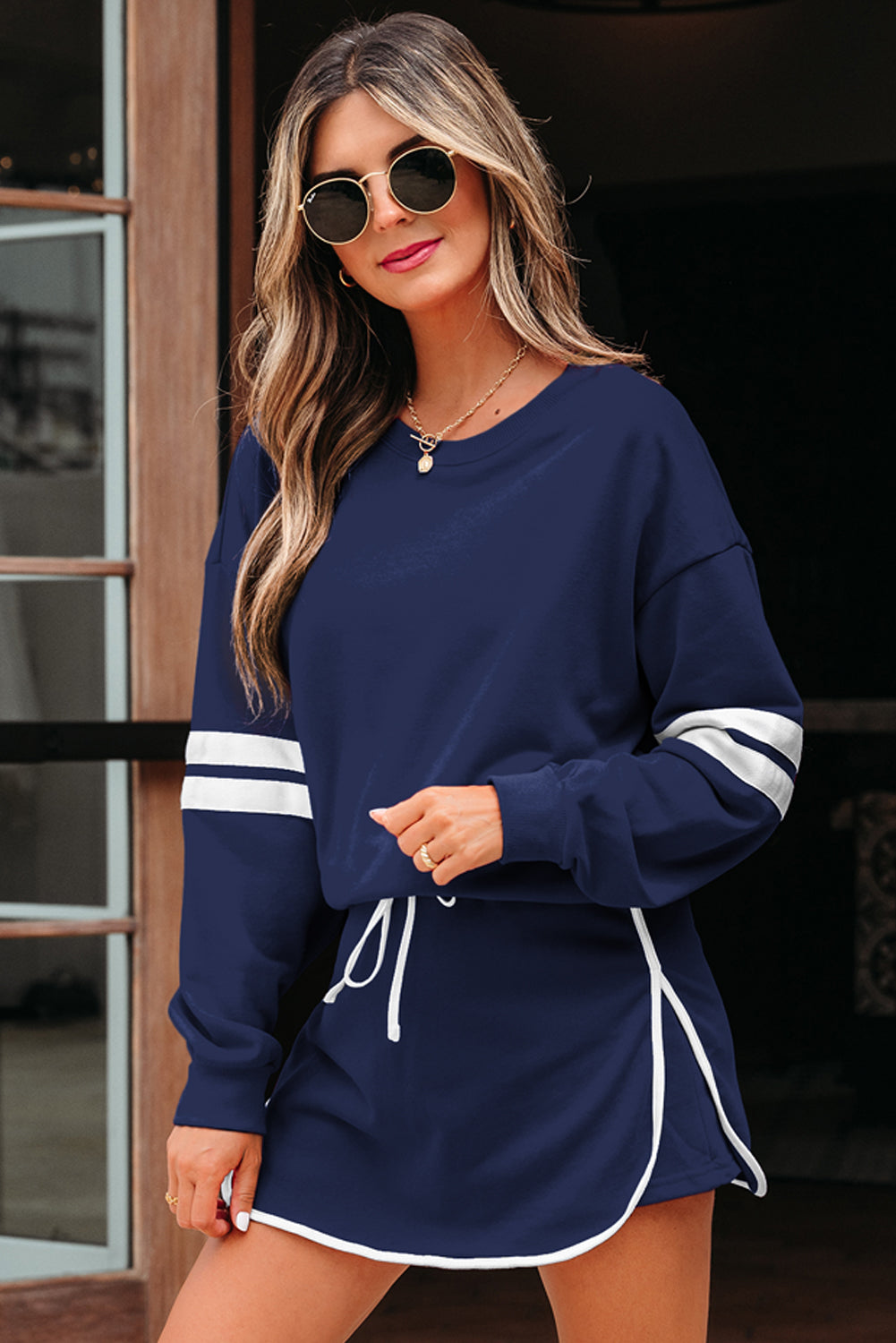 Navy Blue Varsity Stripe Detail Drop Shoulder Pullover Mini Skirt Set-Two Piece Sets/Two Piece Dresses-[Adult]-[Female]-2022 Online Blue Zone Planet