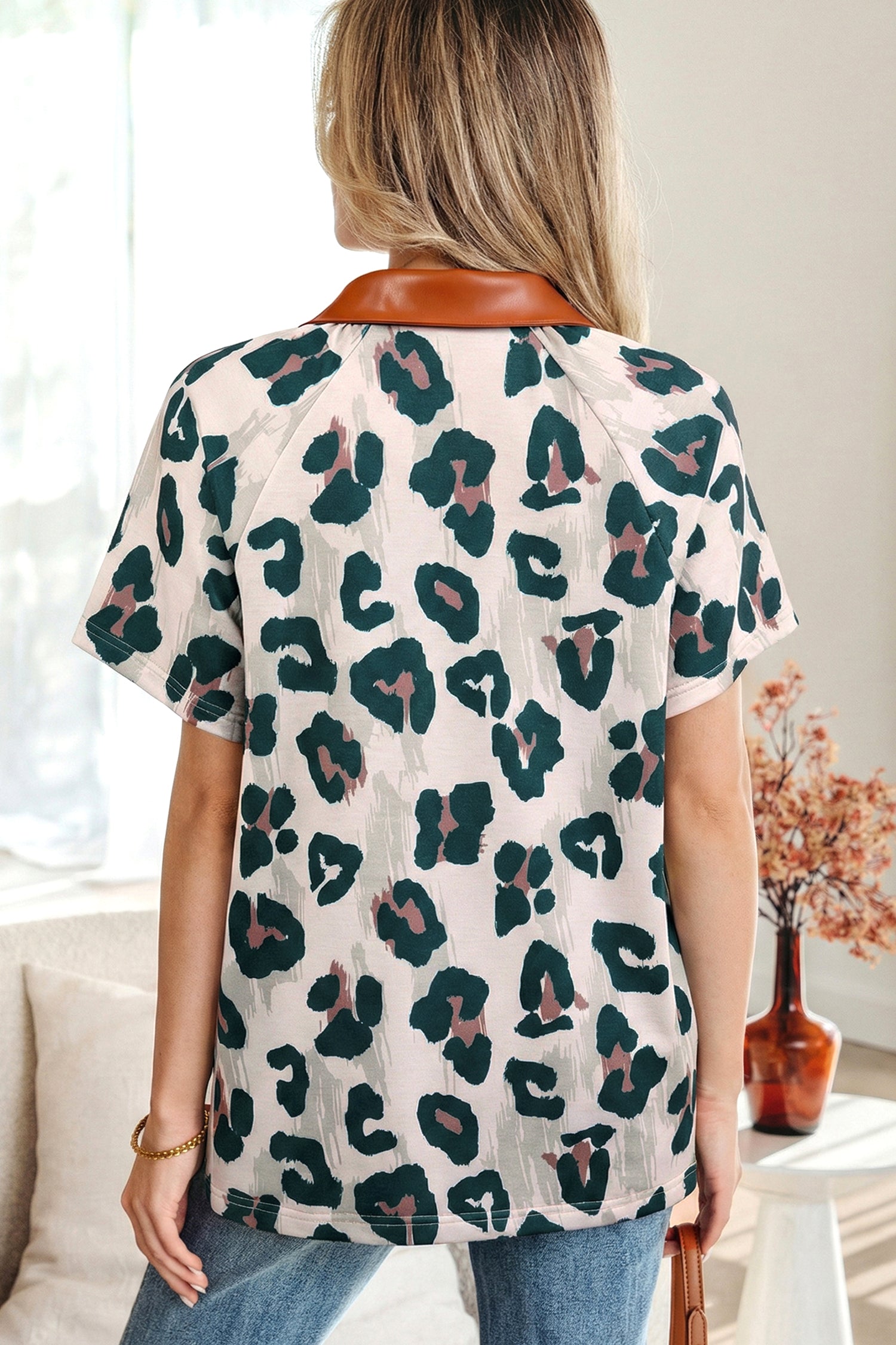 Casual Unique Leopard Print Button Contrast Collared Short Sleeve Blouse-Tops/Blouses & Shirts-[Adult]-[Female]-2022 Online Blue Zone Planet