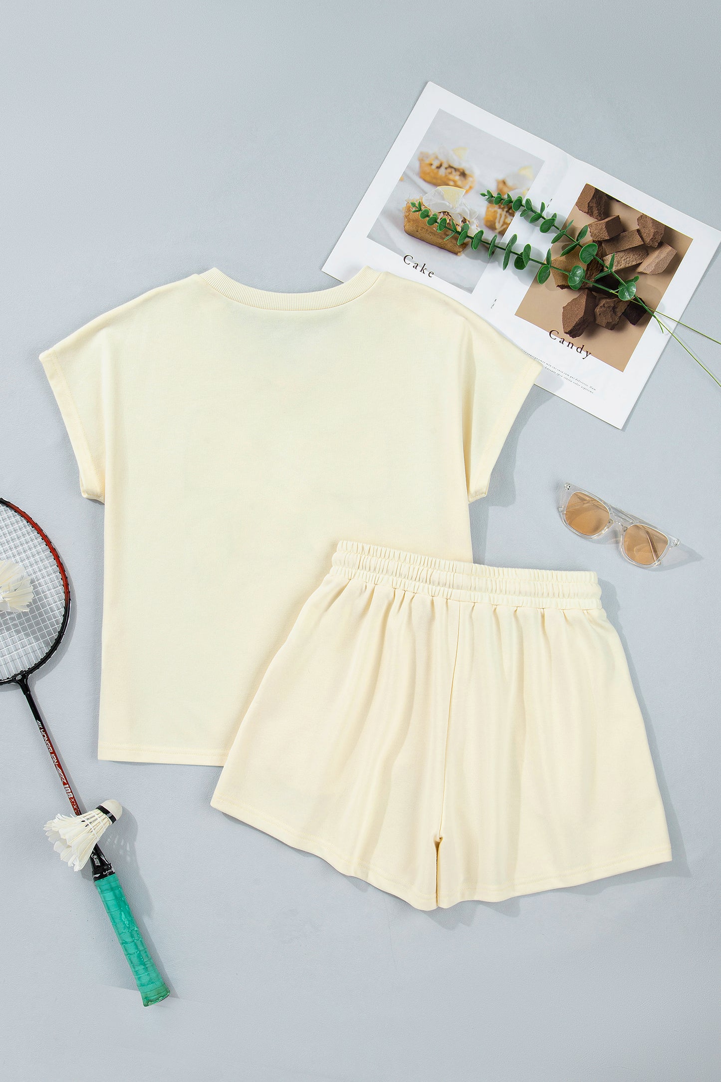 White Contrast Leopard Bow Patched V Neck Loose Tee Drawstring Shorts 2pcs Outfit-Two Piece Sets/Short Sets-[Adult]-[Female]-2022 Online Blue Zone Planet