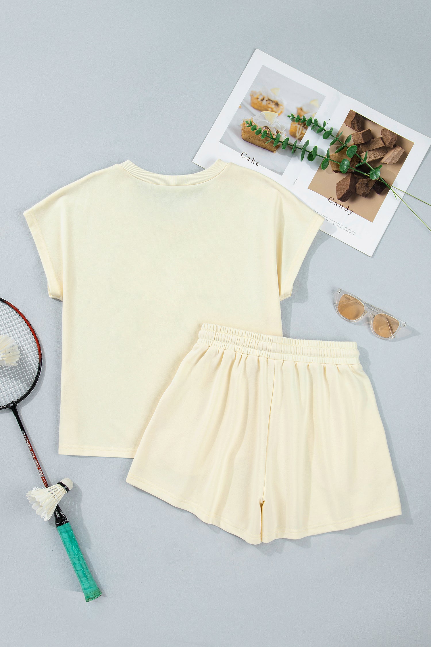 White Contrast Leopard Bow Patched V Neck Loose Tee Drawstring Shorts 2pcs Outfit-Two Piece Sets/Short Sets-[Adult]-[Female]-2022 Online Blue Zone Planet