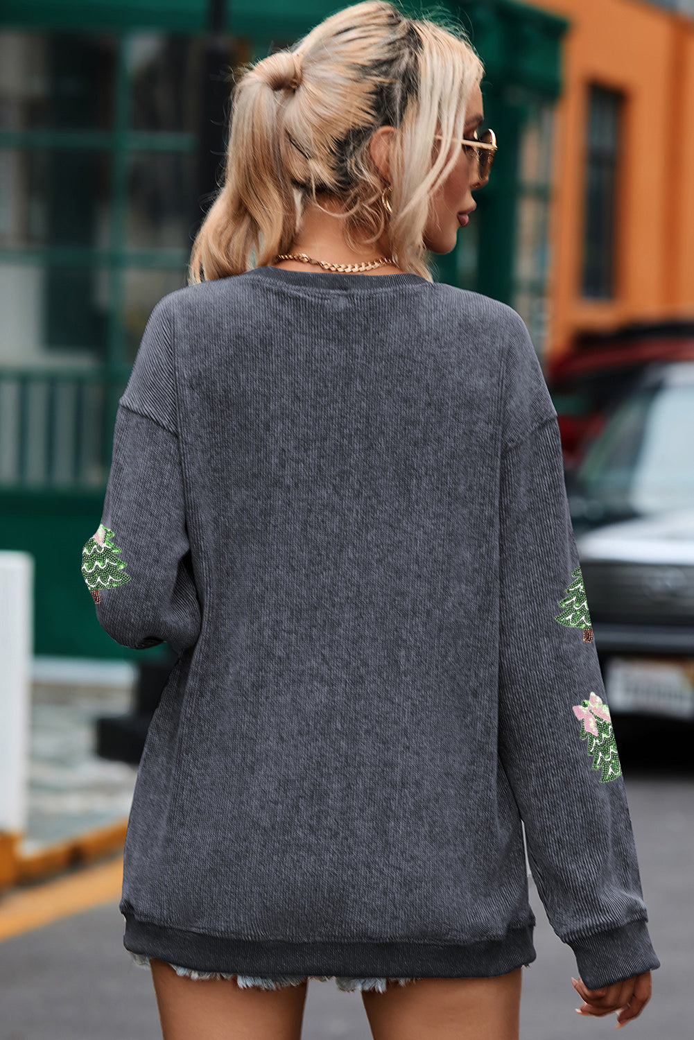 Gray Ribbed Round Neck Sequin Christmas Tree Patched Baggy Sweatshirt-Graphic/Graphic Sweatshirts-[Adult]-[Female]-2022 Online Blue Zone Planet