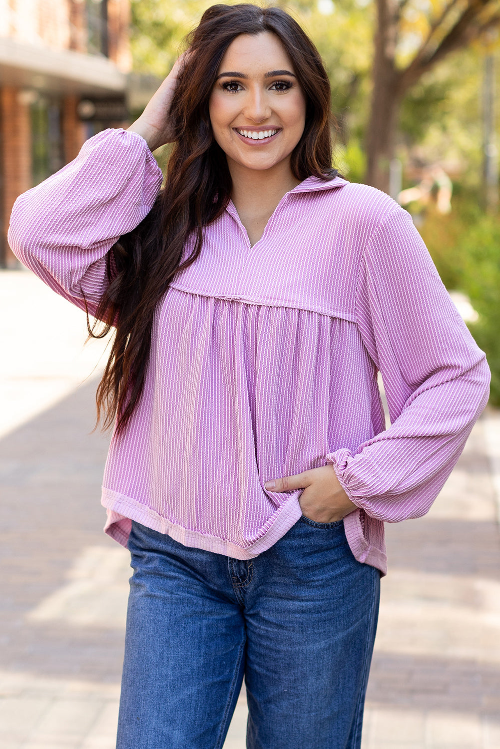 Bright Pink Corded Turn-down V Neck Bubble Sleeve Babydoll Blouse-Tops/Blouses & Shirts-[Adult]-[Female]-Phalaenopsis-S-2022 Online Blue Zone Planet