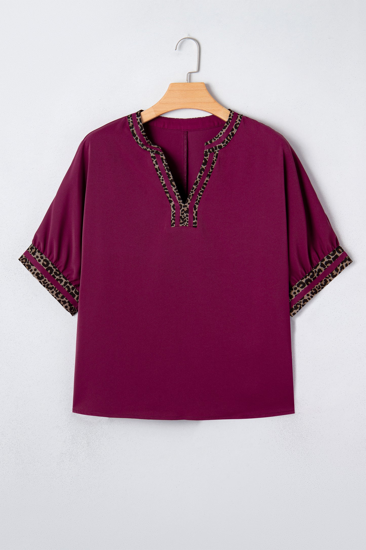 Red Dahlia Contrast Leopard Trim V Neck Short Sleeve Blouse-Tops/Blouses & Shirts-[Adult]-[Female]-2022 Online Blue Zone Planet
