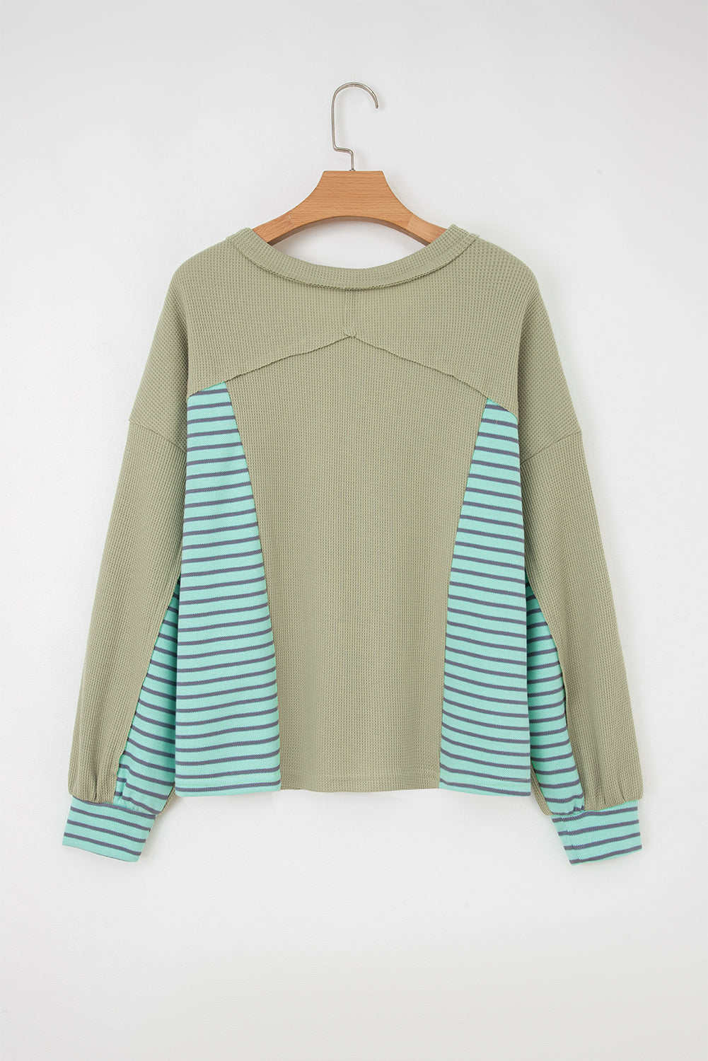 Meadow Mist Green Exposed Seam Waffle Striped Patchwork Baggy Pullover-Tops/Long Sleeve Tops-[Adult]-[Female]-2022 Online Blue Zone Planet
