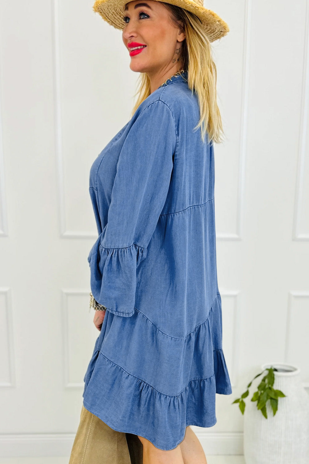 Sky Blue Chambray Ruffled 3/4 Sleeve Tiered Split V Neck Mini Dress-Short Dresses-[Adult]-[Female]-2022 Online Blue Zone Planet