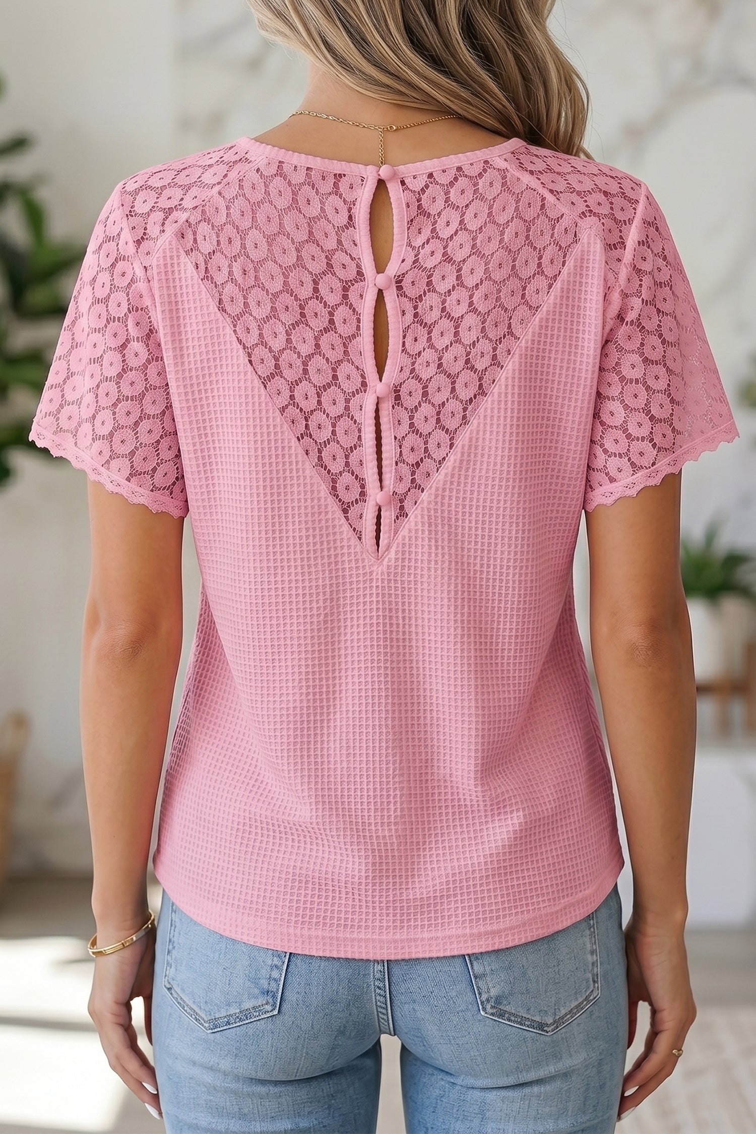 Pink Lace Splicing Button Cutout V Neck Waffle Knit Blouse-Tops/Blouses & Shirts-[Adult]-[Female]-2022 Online Blue Zone Planet