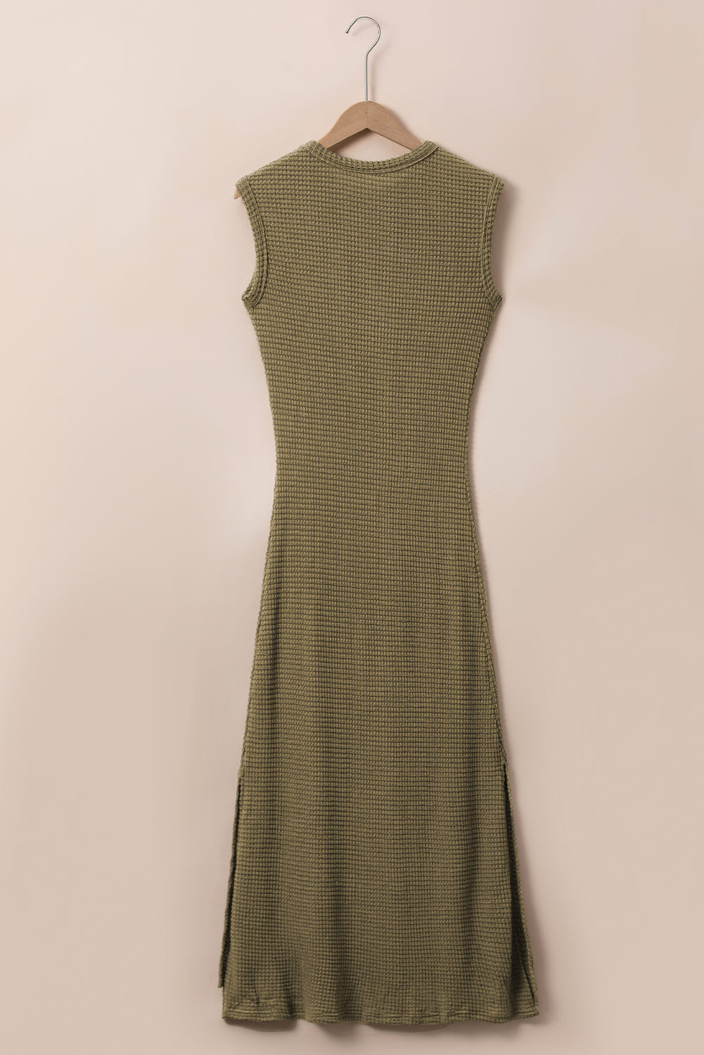 Jungle Green Waffle Knit Sleeveless Long Dress with Slits-Dresses/Maxi Dresses-[Adult]-[Female]-2022 Online Blue Zone Planet