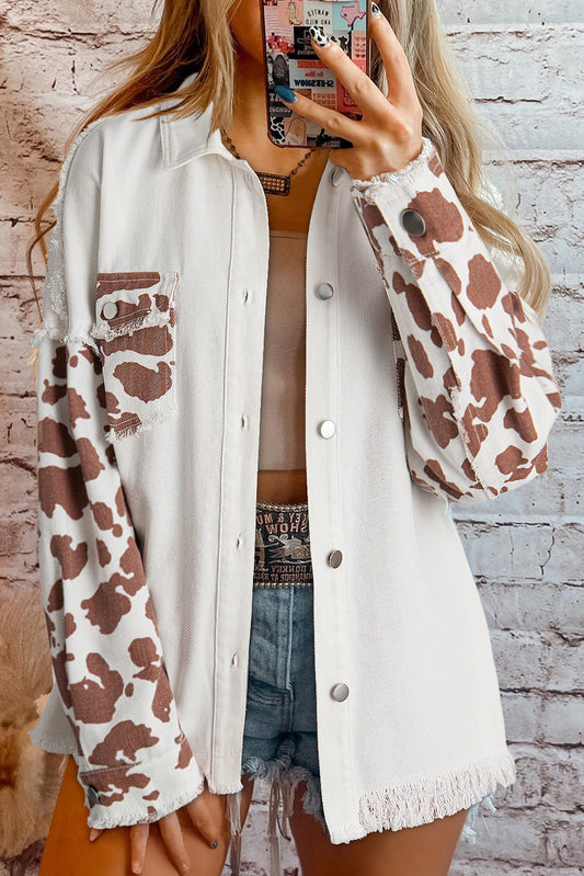 White Cow Spot Patchwork Flap Pocket Distressed Hem Long Denim Jacket-Outerwear/Denim jackets-[Adult]-[Female]-White-S-2022 Online Blue Zone Planet