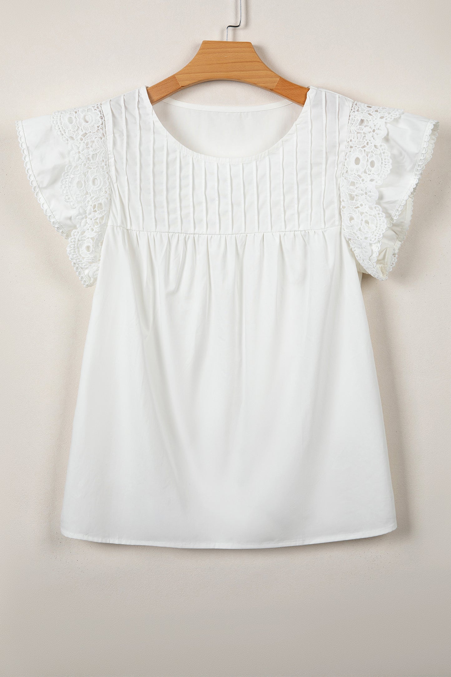 White Lace Detail Flutter Sleeve Pleated Round Neck Blouse-Tops/Blouses & Shirts-[Adult]-[Female]-2022 Online Blue Zone Planet
