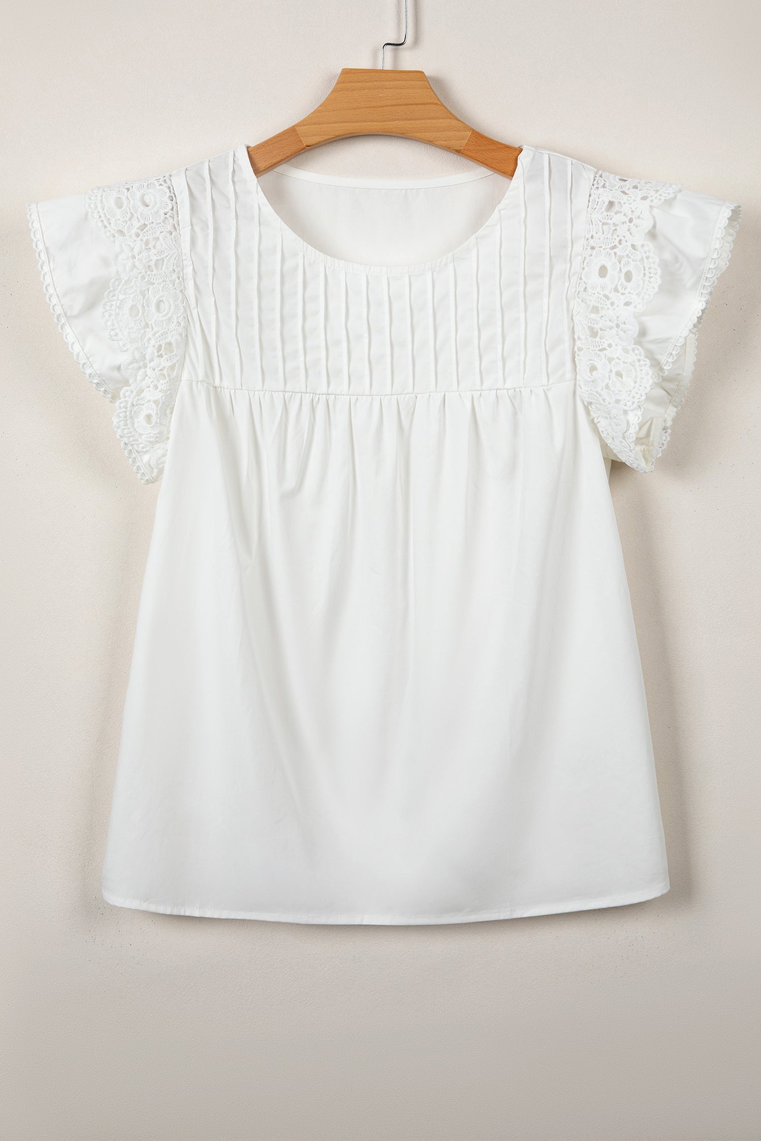 White Lace Detail Flutter Sleeve Pleated Round Neck Blouse-Tops/Blouses & Shirts-[Adult]-[Female]-2022 Online Blue Zone Planet